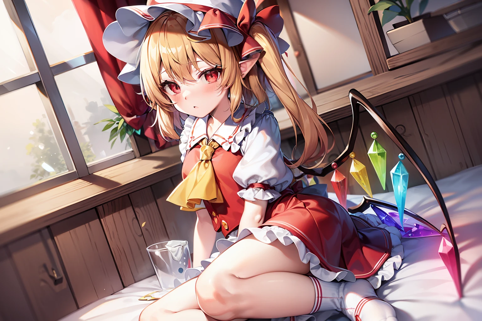 Flandre Scarlet,Tsundere,with blush cheeks,a bed,White soft hat、Red Hat bow、blonde hair、side poneyTail、red eyes、shinny eyes、tusk、Red vest、shortsleeves、Puffy sleeves、yellow ascot、Red frilled skirt、(crystal wings:1.2)、Bobby Socks、Waist to head