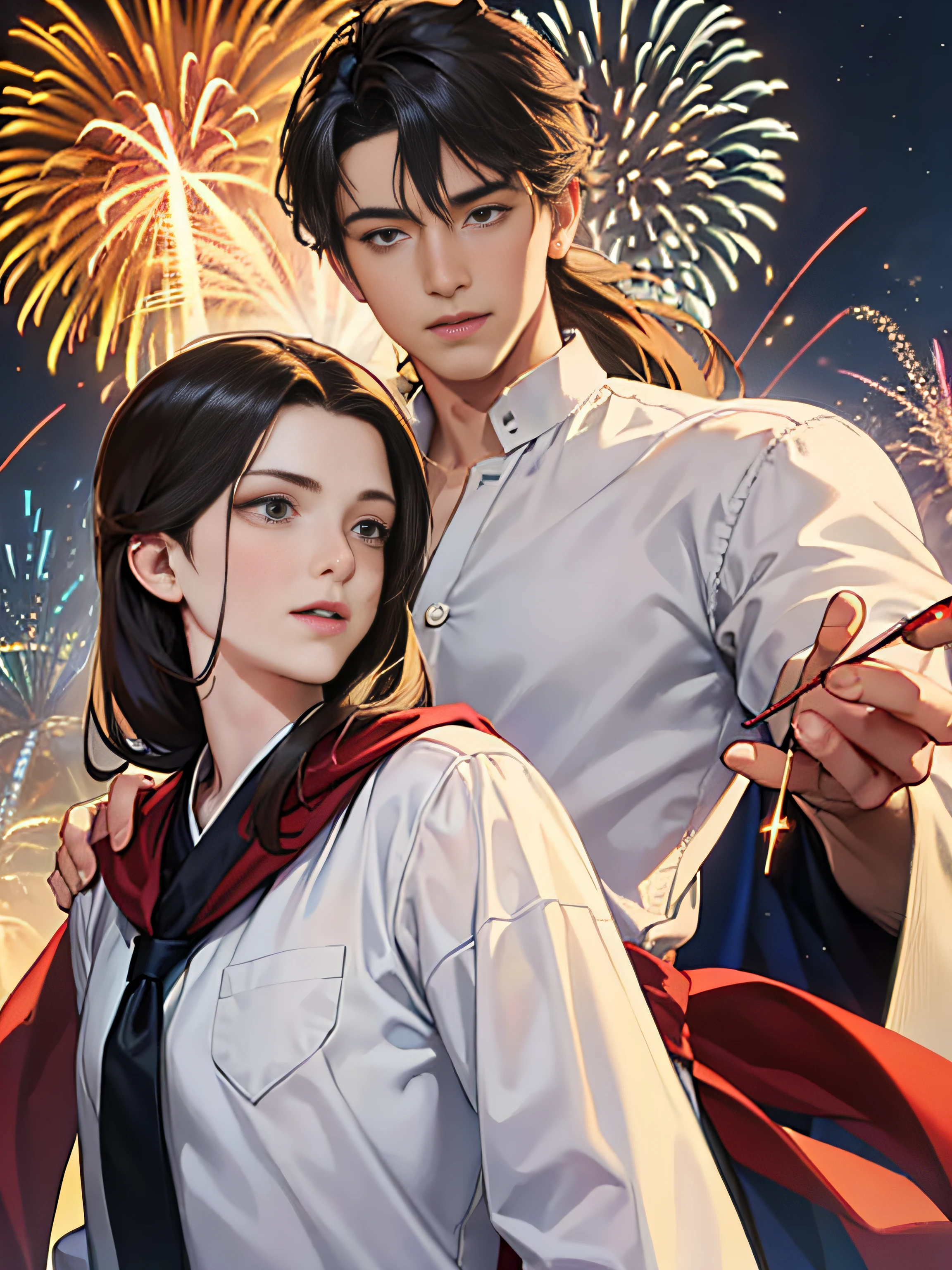 High resolution, couple, eye smile, handsome male beauty, girls shawl long hair, dress, boy black short hair, shirt, background fireworks, delicate facial features, clear facial features, optimized details