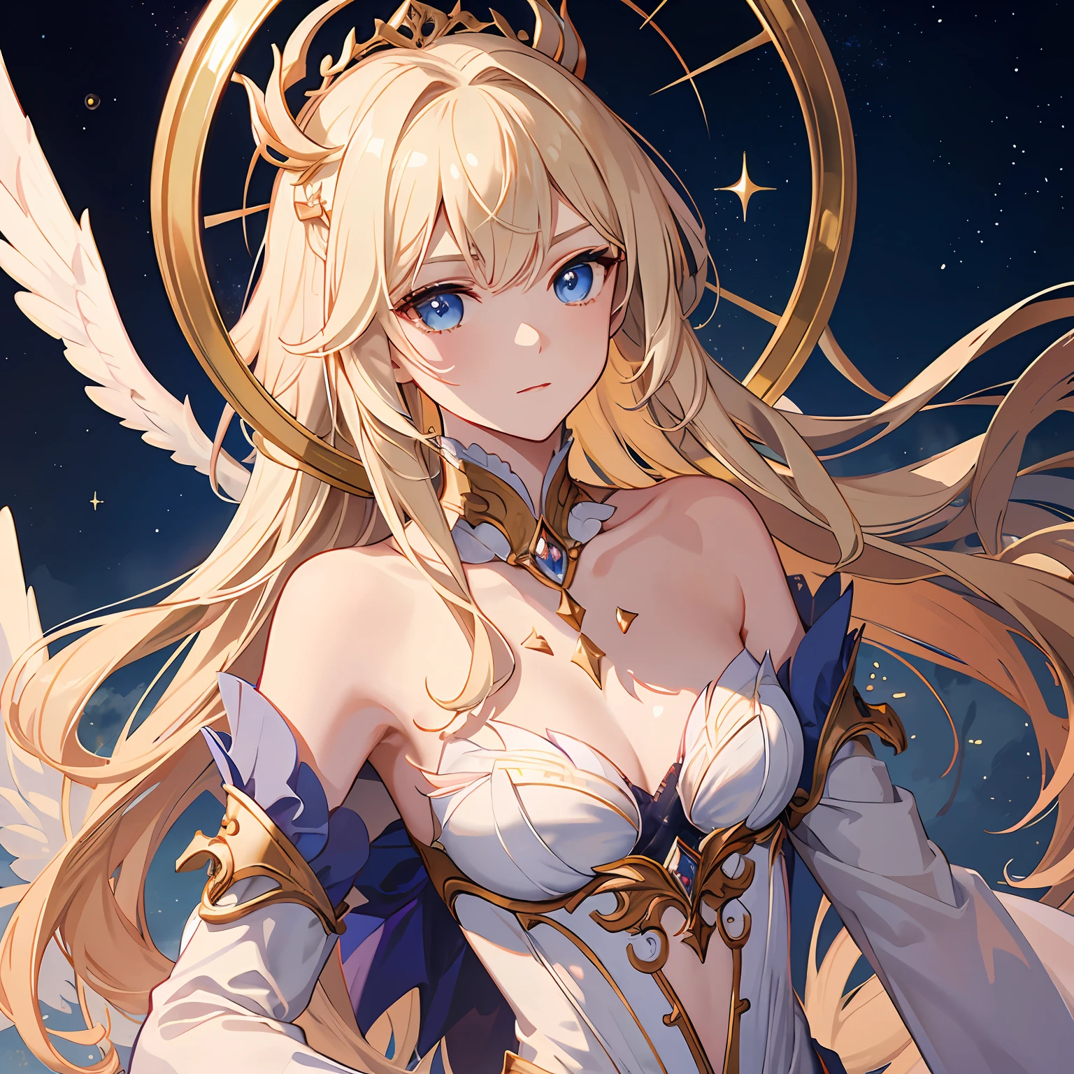 meticuloso、Wonderful、Perfect CG unity 8k wallpaper，High-quality depiction、The colors are pure and elegant，Exceptionally beautiful，Royal Sister，delicated、Dynamic Angle，moisty、Water droplets, Water mist、rays of moonlight、blue color eyes，（Surrounded by colorful lights），Bright blonde hair、Be red in the face，Fair-skinned angel goddess Senyuki，（background starry sky），Delicate facial features，Upper body is shown