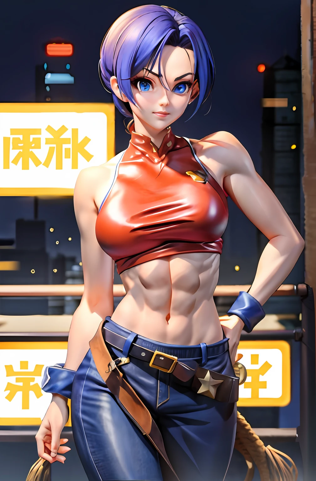 Street Fighter Chun-Li, Best quality,(Beauty), 1girll,physically-based renderingt ,超高分辨率,(Cowboy shot:1.5),Narrow waist, Skinny, LeonaMS ,Muscular, Big blue eyes,Long legs,Jeans,Leather belt,Small breasts,Puffy eyes, Leather belt,(rainy city), Shiny skin, facingviewer, winning posture,