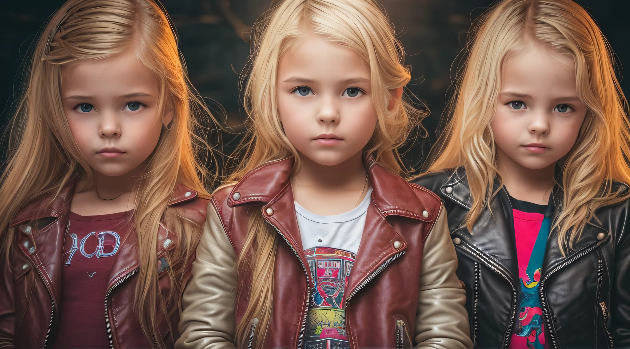 3 GIRLS BLONDE LONG HAIR CHILDREN IN LEATHER JACKET, A close up, DECIBEL
