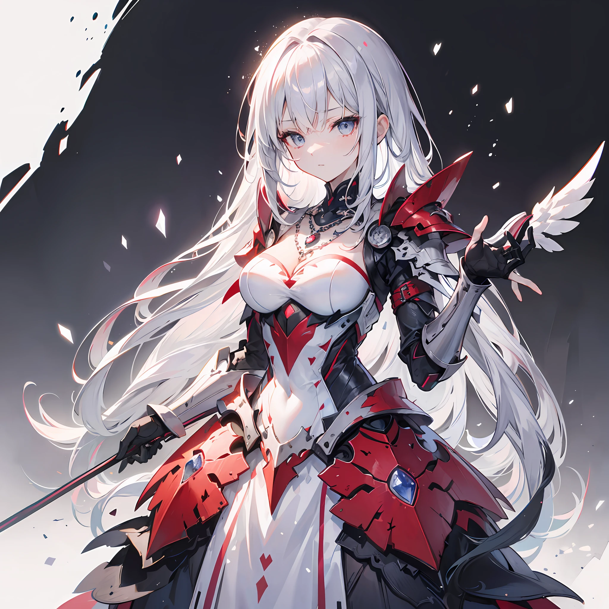 Cute adult girl standing ,girl focus, [Full body armor], ((Plain gray background)),  pokerface, upright immovable, (1girl in:1.3), Bangs,a necklace ,facing front,  （Snow White armor), Super Detail, Crystal Silver Eyes,slender, masterful technique, Long hair, animetic, Solo, Silk White hair, High quality, MastetPiece,ultra-detailliert,[wide-hips] , Beautiful Girl, [Detail Face], detail hands, ultra detail eyes,nothing face emotion, Beautiful eyes