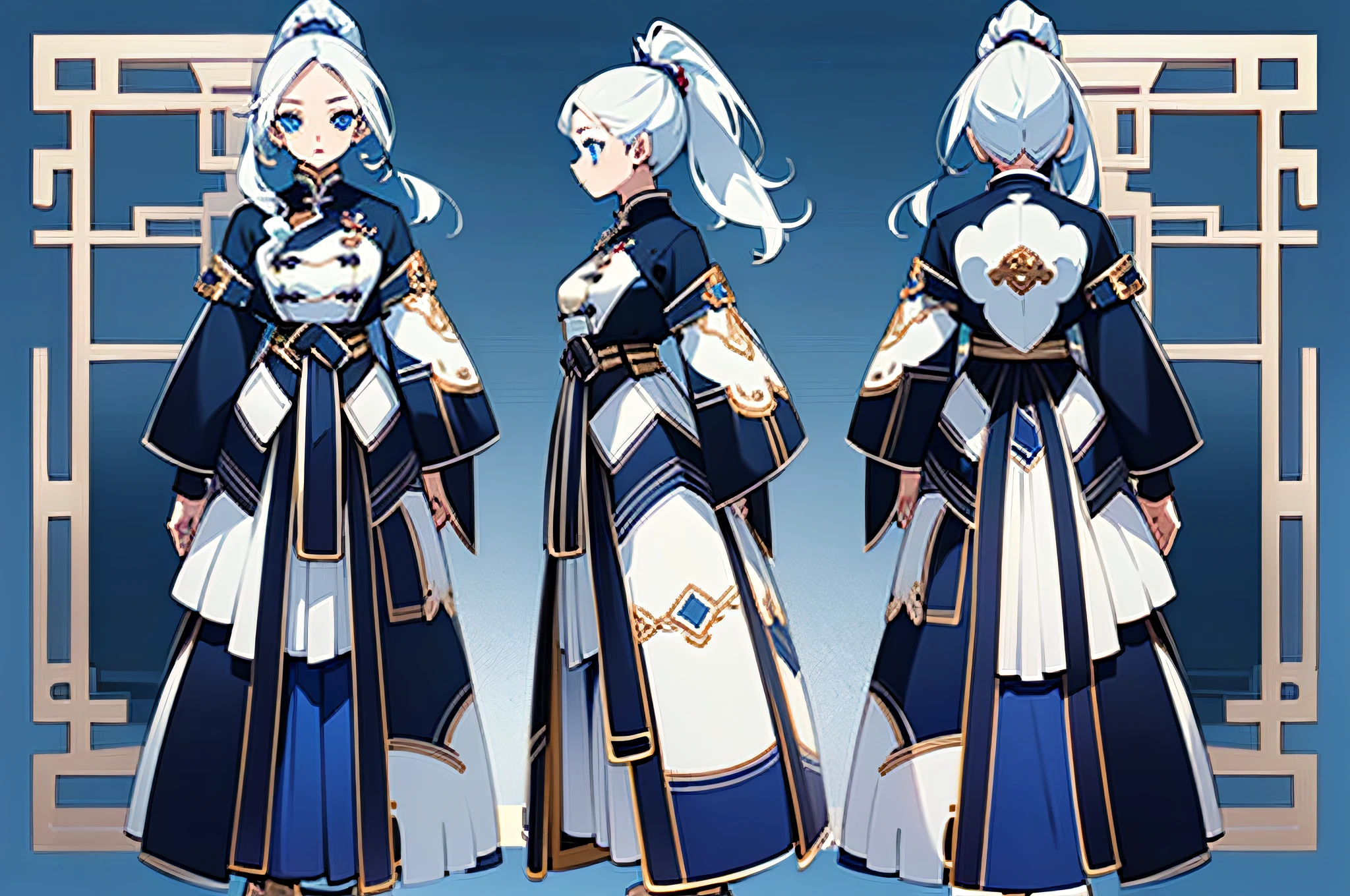 ((masterpiece)),(((best quality))),(character design sheet,Same character full body,frontage,Lateral face,on back),illustration,1 teenage girl、Stunning facial features,Uniform hair color、Hairstyles、trappings,Chinese long skirt, white hair, high ponytail, blue eyes(simplebackground,white backgrounid:1.3)