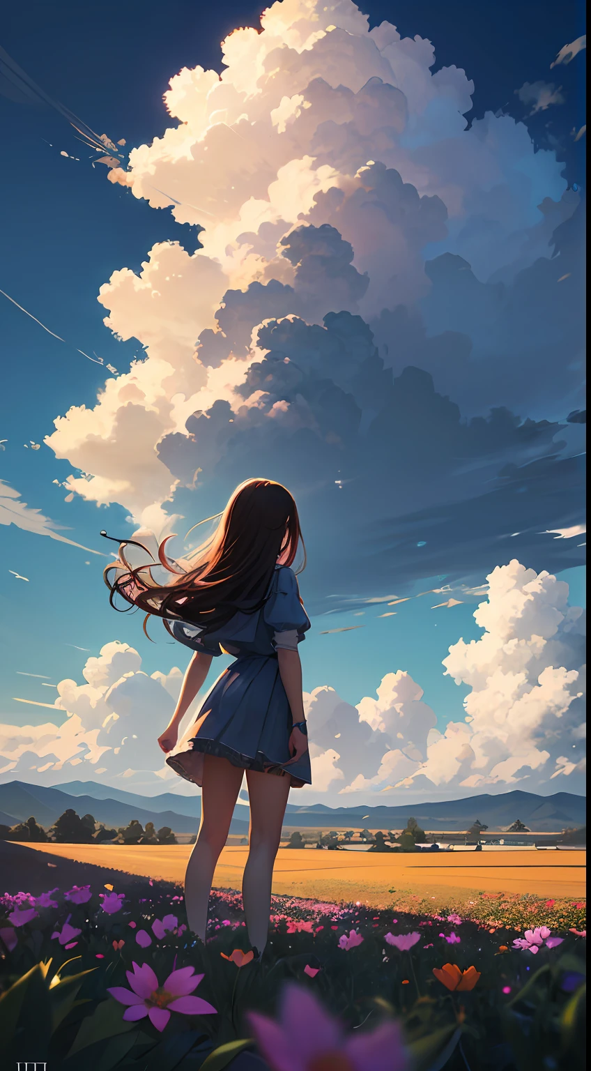 expansive landscape photograph , (a view from below that shows sky above and open field below), a girl standing on flower field looking up, bright sunny day (clouds:1.2), distant mountain, tree BREAK
production art, lot of purple and orange, intricate details, volumetric lighting, realism BREAK
(masterpiece:1.2), detailed shadows, (best quality), 4k, ultra-detailed, (dynamic composition:1.4), highly detailed, colorful details,( iridescent colors:1.2), (glowing lighting, atmospheric lighting), dreamy, magical, (solo:1.2)