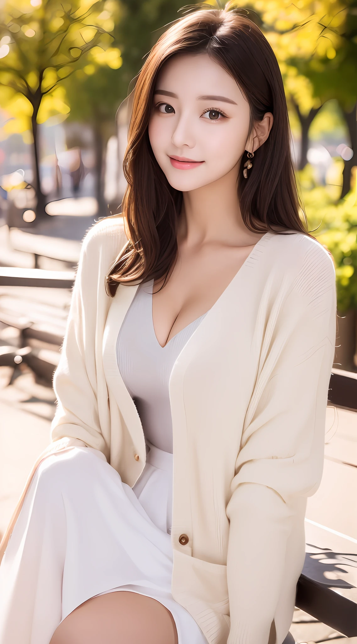 Photorealsitic(3.0)、独奏、1womanl、Beautuful Women、Frontal shot、small tits(0.1)、Detailed skin、Skirt with long hem、Elegant cardigan in white、FULL BODYSHOT、Waiting in the park、Frontal shot、wretched、Black short boots、