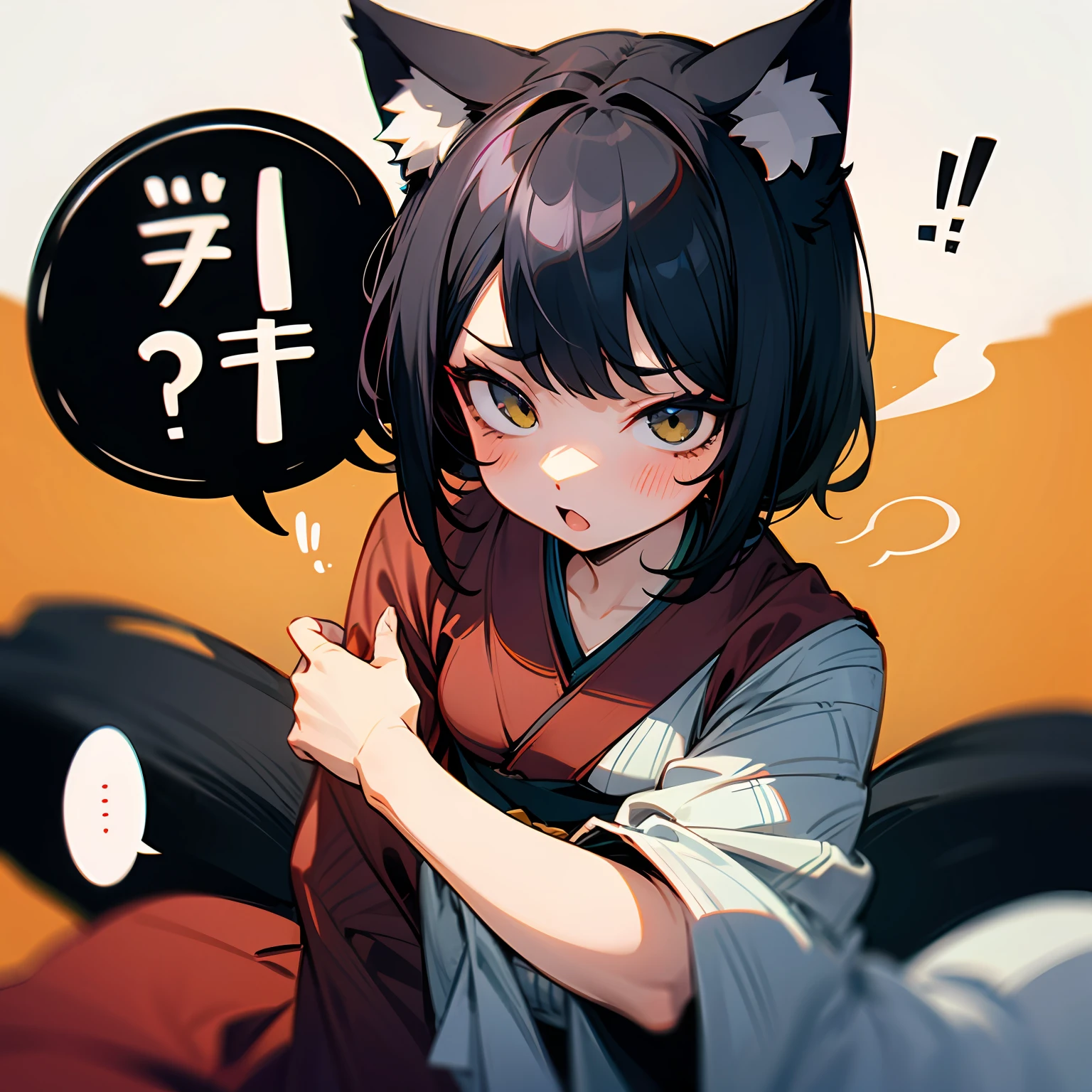 Kimono, Nekomimi, Tail, Short Black Hair, Heroic and Sassy, speech bubble saying 'Nyaa'