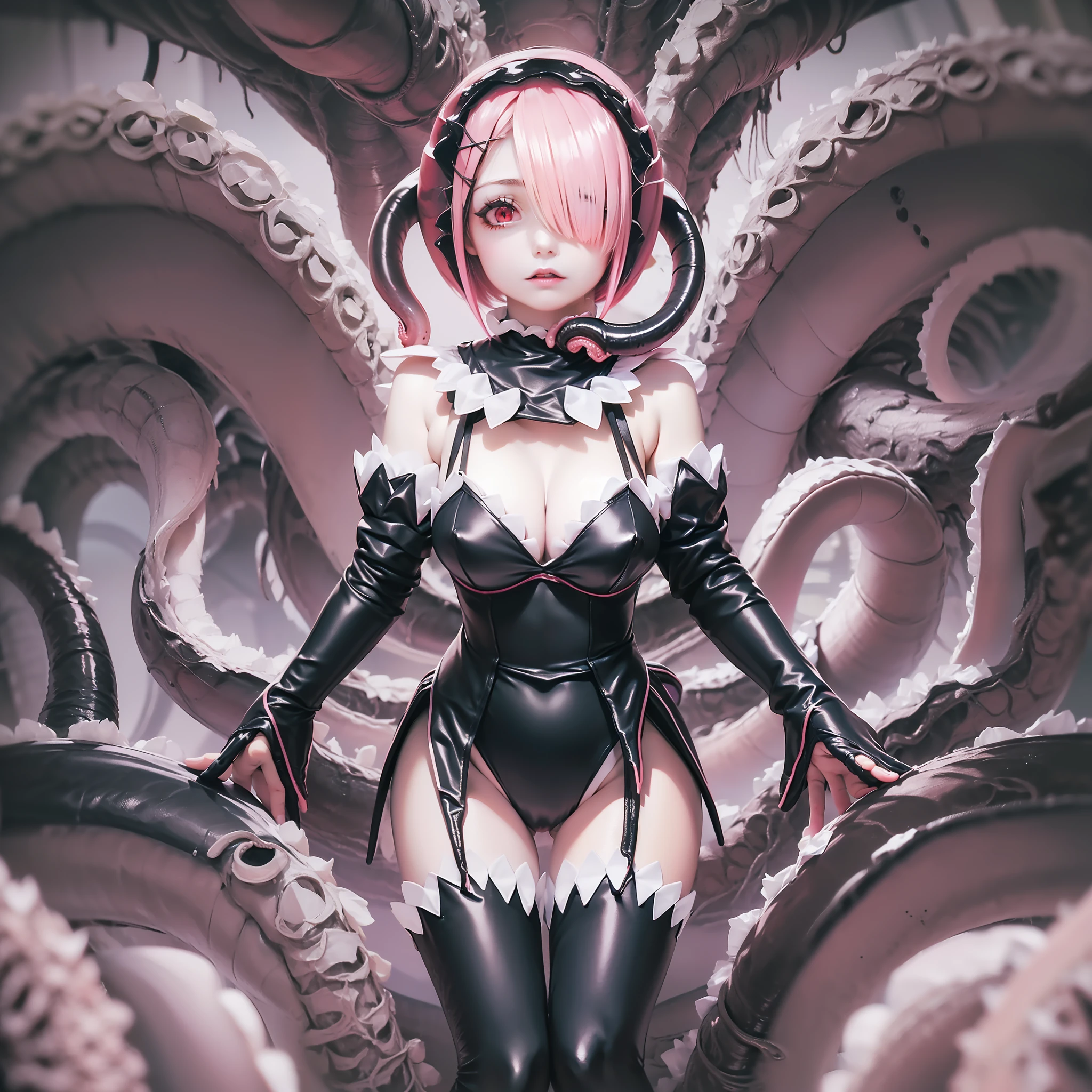 ​masterpiece, top-quality, Hi-Res, (((Ram))), (((Ram(Re:Life in another world starting from scratch)))),  ((((((Evil Fall)))))),(((((((Creatureization))))))), (((((Parasitized))))),(((((tentacle clothes))))), ((((((Leotard))))), (Hollow eyes), (((Colossal tits))), (((neck tie))), (((((1girl in))))), (((((独奏))))), (((Standing picture))),(((((A pink-haired))))), white thighhig, (((short-hair))), red eyes, Hair above one eye, ((frilld)), ((garter strap)),full-body view, Expressionless evil,(((Parasitic tentacles))),(((Tentacle))),(((Setting image)))