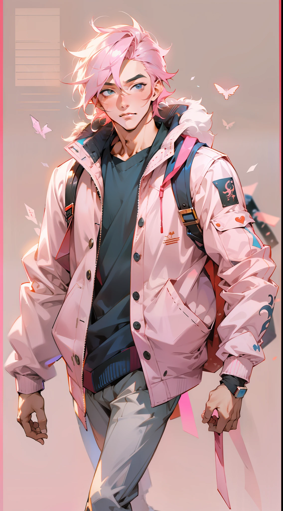 Illustration style，Anime characters，Full body like，Full body illustration，baby pink hair，Handsome man，bookbag，独奏，musculature，Handsome，A high resolution