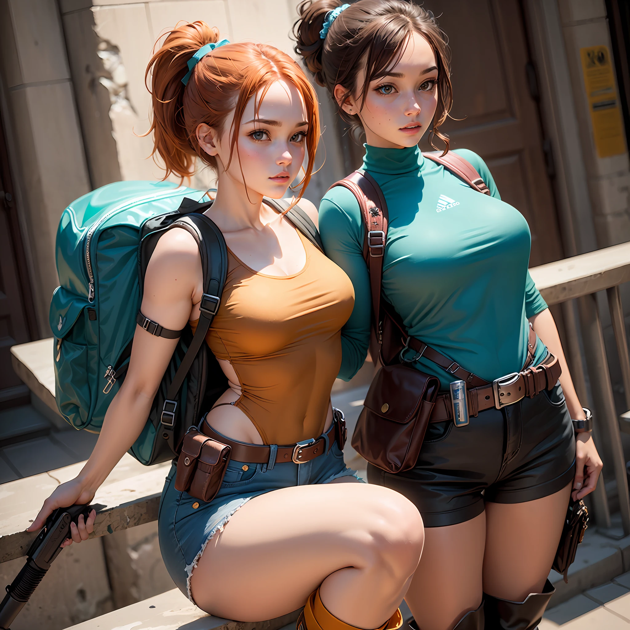 Young woman, brown eyes, Auburn hair, ponytail, turquoise leotard, light brown shorts, calf high boots, fingerless gloves, backpack, utility belt with holsters on either side wielding two pistols