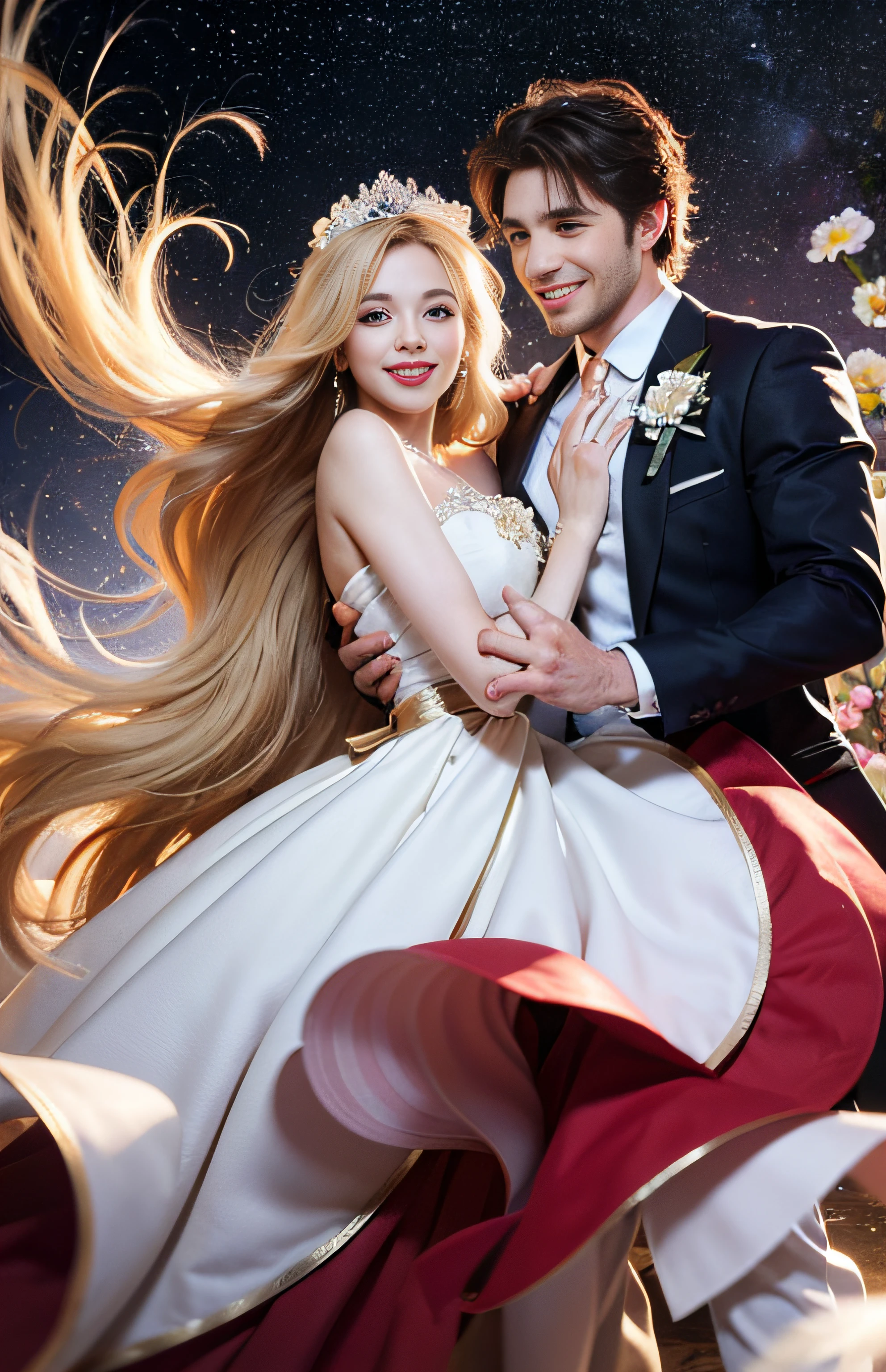 (Best quality, masterpiece), two figures, a man and a woman, detailed, fine face, beautiful blonde and a handsome man, smile, joy, black skirt, red embellishment, man in white, smile, relax, dance pose, elegant, particles, wind, flower, upper body, simple background with gear elements, background is another world starry sky --v 6