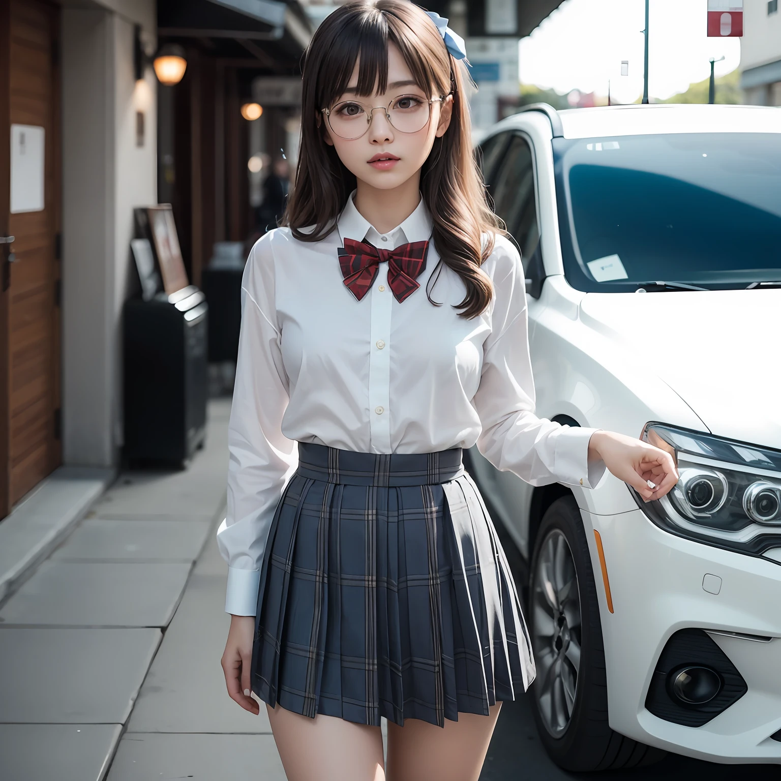 (8K、Raw photography、top-quality、masterpiece:1.2),a small face,small tits,flat breast,Parting the bangs from the middle、Forehead visible,(Tight eyes,Bullish,skinny,Rasping,irate)、masterpiece,top-quality、超A high resolution,Raw photo,ren,Beautiful fece,One Person, 独奏,eye glass,,Dark look,Small breasts,fullllbody,Round glasses、cute little、A Japanese Lady,is standing,(Tight eyes,Bullish,skinny,Rasping,irate,small tits,flat breast)、(Photorealsitic:1.37)、Photon mapping,Light blue ribbon,Realistic、Cute little face,Brown-eyed、Black socks、(Red bow tie)、Radio City、Physically Based Rendering、Foreground、depth of fields、Blurry background、a picture,The girls、Body, Long legs, Thin leg, poneyTail,(Bangs are visible), hair, s lips, Blue_The eye, nosesoft,White shirt, Navy blue and white plaid pleated skirt, Sheer clothing,, Thigh, Black cotton socks,Nogizaka Idol, 女優, Japanese ido