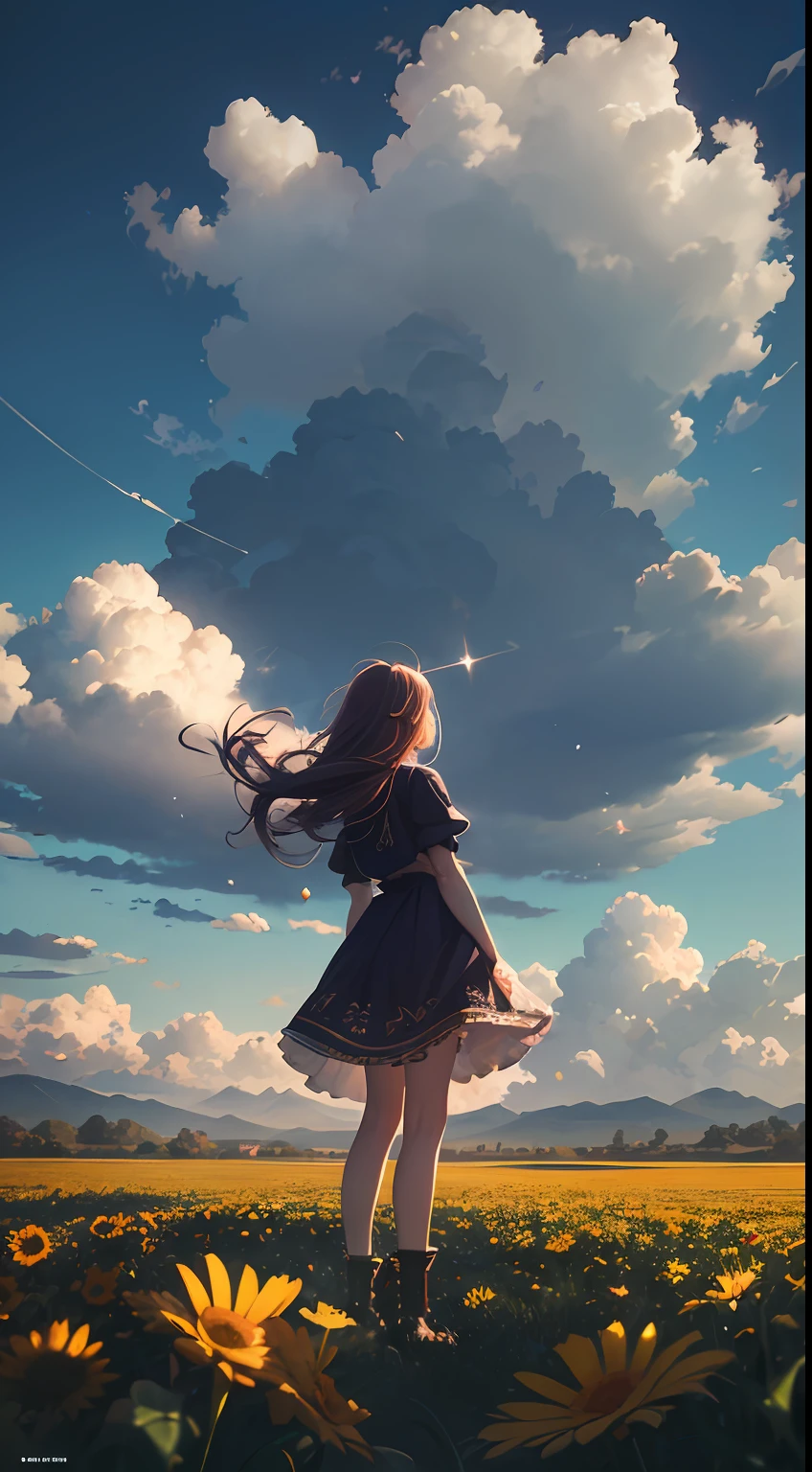expansive landscape photograph , (a view from below that shows sky above and open field below), a girl standing on flower field looking up, bright sunny day (clouds:1.2), distant mountain, tree BREAK
production art, lot of purple and orange, intricate details, volumetric lighting, realism BREAK
(masterpiece:1.2), detailed shadows, (best quality), 4k, ultra-detailed, (dynamic composition:1.4), highly detailed, colorful details,( iridescent colors:1.2), (glowing lighting, atmospheric lighting), dreamy, magical, (solo:1.2)