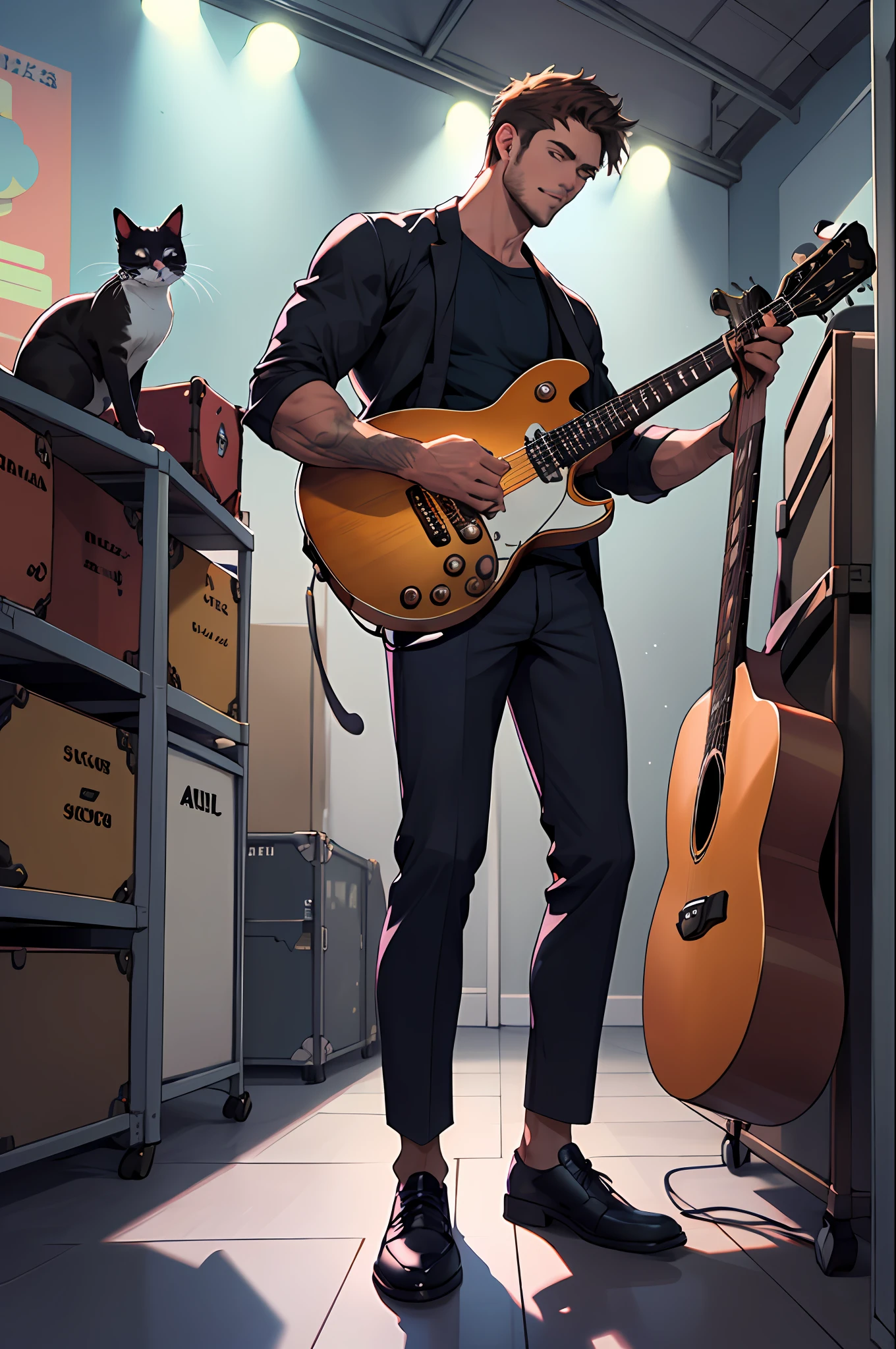 In one room，a handsome，eine Katze，The main body is a cat，Handsome guy touching cats，There is a guitar in the room，Drum kit，The sun is shining，Bright light