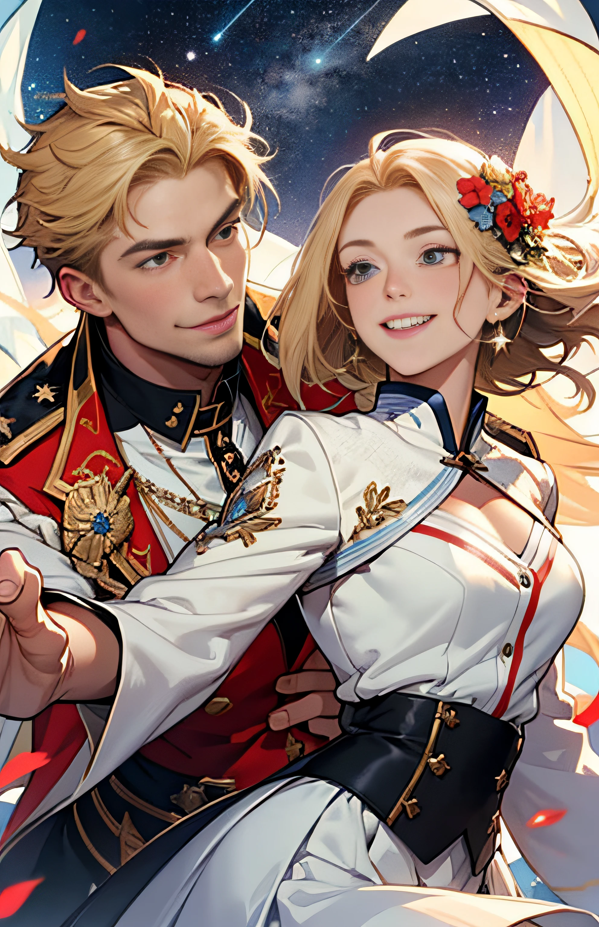 (Best quality, masterpiece), two figures, a man and a woman, detailed, fine face, beautiful blonde and a handsome man, smile, joy, black skirt, red embellishment, man in white, smile, relax, dance pose, elegant, particles, wind, flower, upper body, simple background with gear elements, background is another world starry sky --v 6