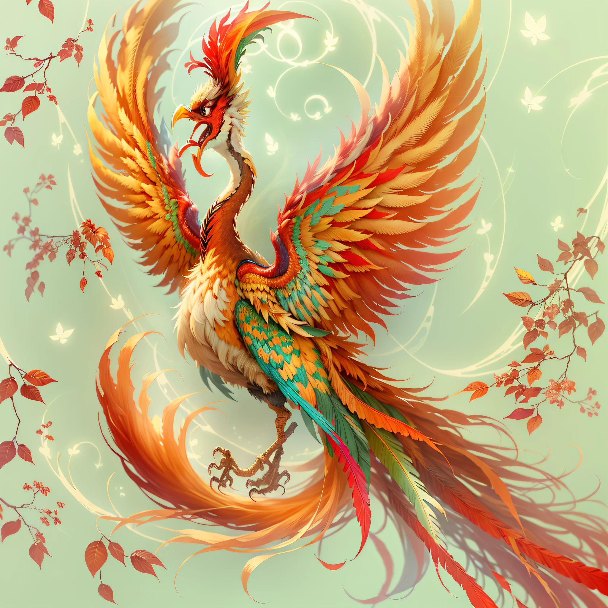 Cute fantasy phoenix,Colorful tail,Fiery red feathers,full bodyesbian,fulldetail,white backgrounid,best qualityer,DHR,8K