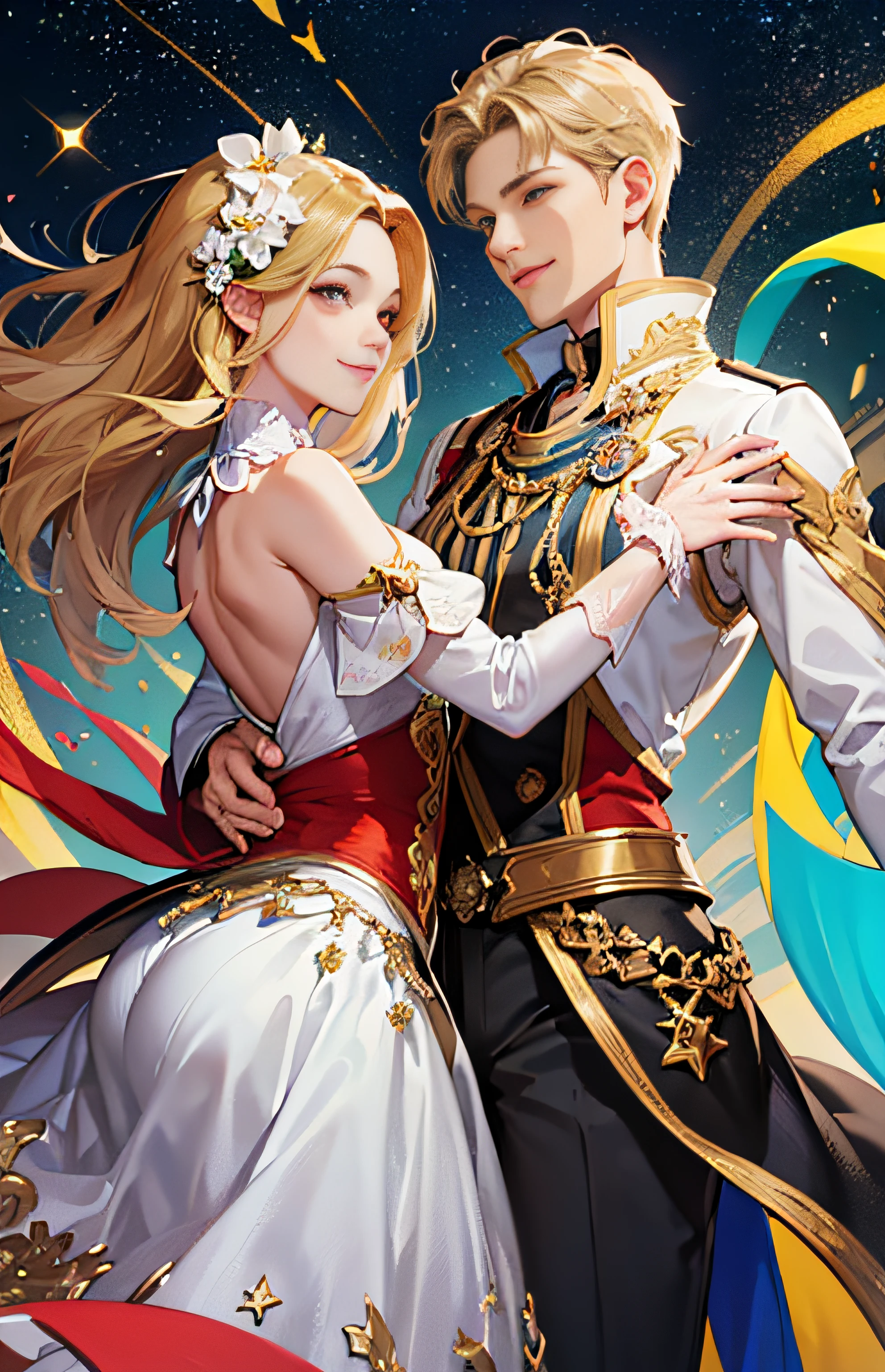 (Best quality, masterpiece), two figures, a man and a woman, detailed, fine face, beautiful blonde and a handsome man, smile, joy, black skirt, red embellishment, man in white, smile, relax, dance pose, elegant, particles, wind, flower, upper body, simple background with gear elements, background is another world starry sky --v 6