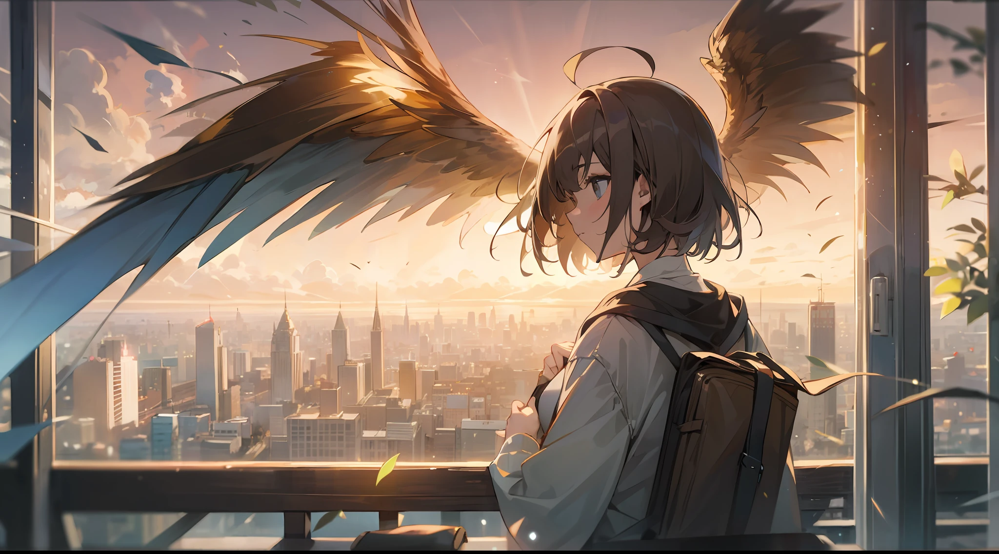 1man, masterpiece, best quality, ultra high resolution, dusk, cityscape, depth of field, short brown hair, single woman, wings