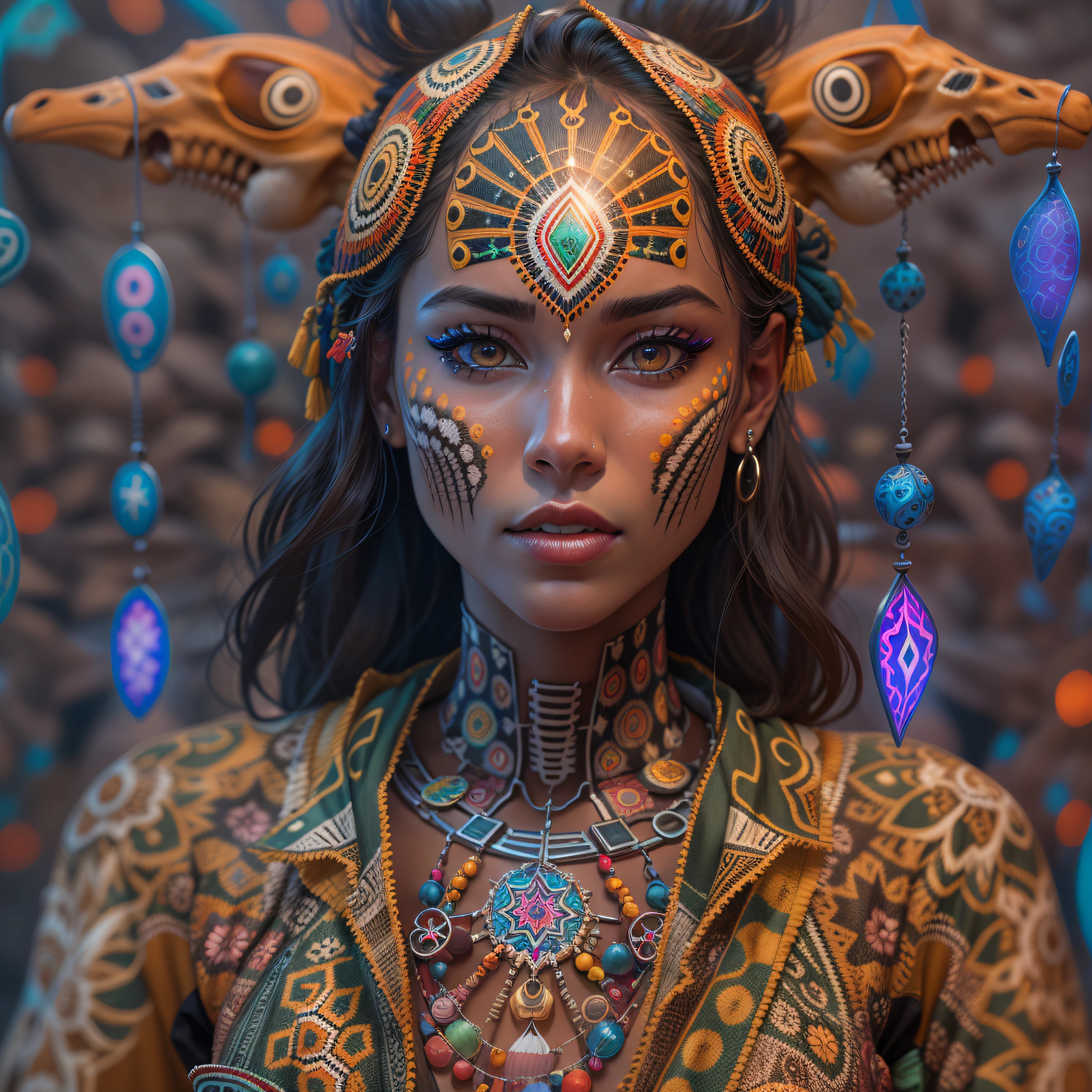 triboluminescence, atmospheric androgynous skeleton sandy eyes, covered in fish scales wearing dashiki, sooty and tawny glow in background, rosy eyeliner, LSD fractals in background, psychedelic, giraffe, comic book style, Bagan goddess, ultra face detail, 8k, hyperrealistic, Unreal Engine 5, Octane render