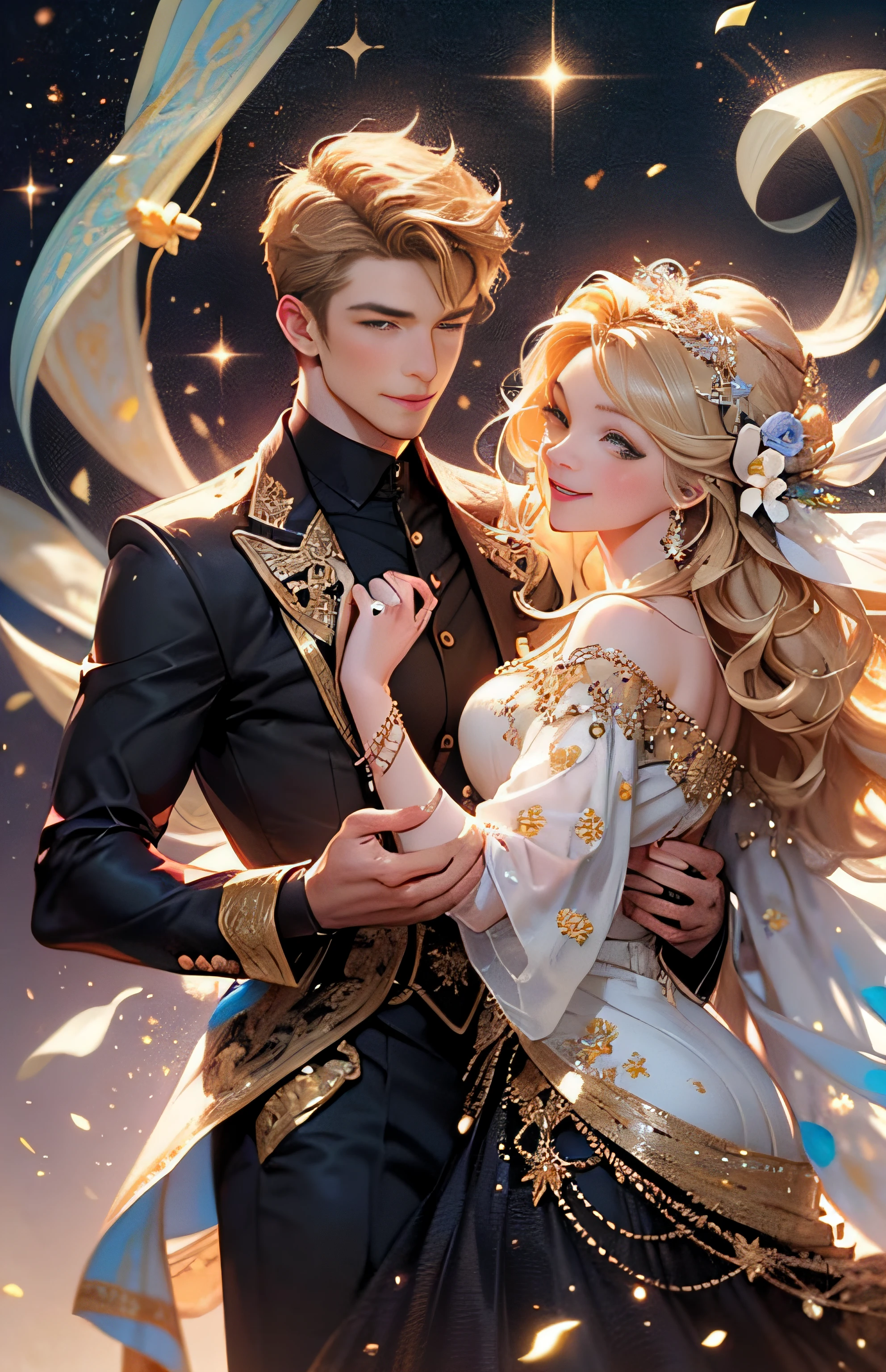 (Best quality, masterpiece), two figures, a man and a woman, detailed, fine face, beautiful blonde and a handsome man, smile, joy, black skirt, red embellishment, man in white, smile, relax, dance pose, elegant, particles, wind, flower, upper body, simple background with gear elements, background is another world starry sky --v 6