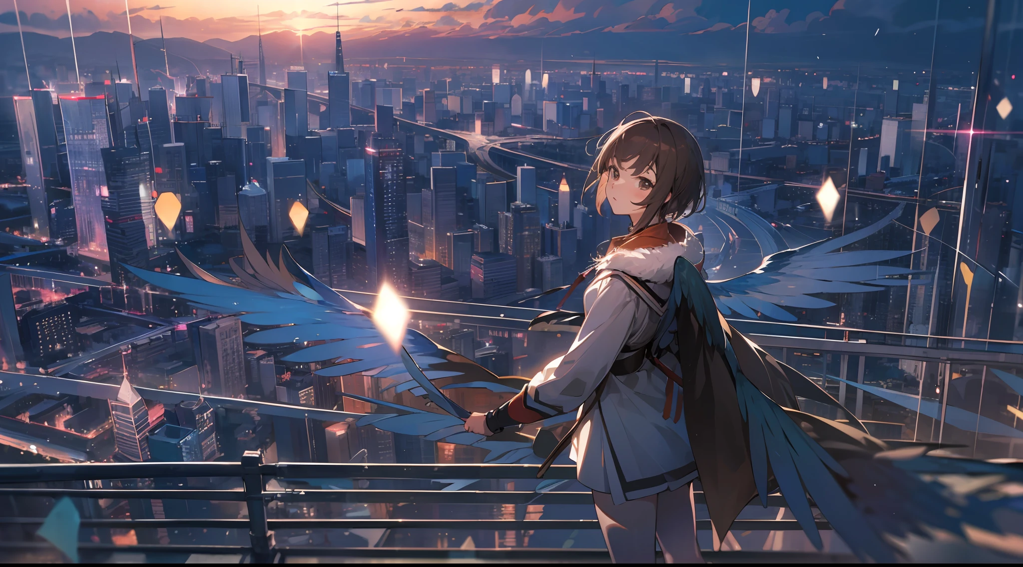 1man, masterpiece, best quality, ultra high resolution, dusk, cityscape, depth of field, short brown hair, single woman, wings