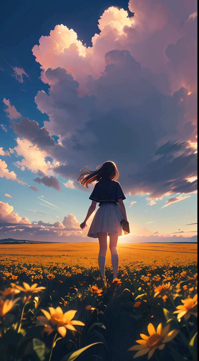 expansive landscape photograph , (a view from below that shows sky above and open field below), a girl standing on flower field looking up, bright sunny day (clouds:1.2), distant mountain, tree BREAK
production art, lot of purple and orange, intricate details, volumetric lighting, realism BREAK
(masterpiece:1.2), detailed shadows, (best quality), 4k, ultra-detailed, (dynamic composition:1.4), highly detailed, colorful details,( iridescent colors:1.2), (glowing lighting, atmospheric lighting), dreamy, magical, (solo:1.2)