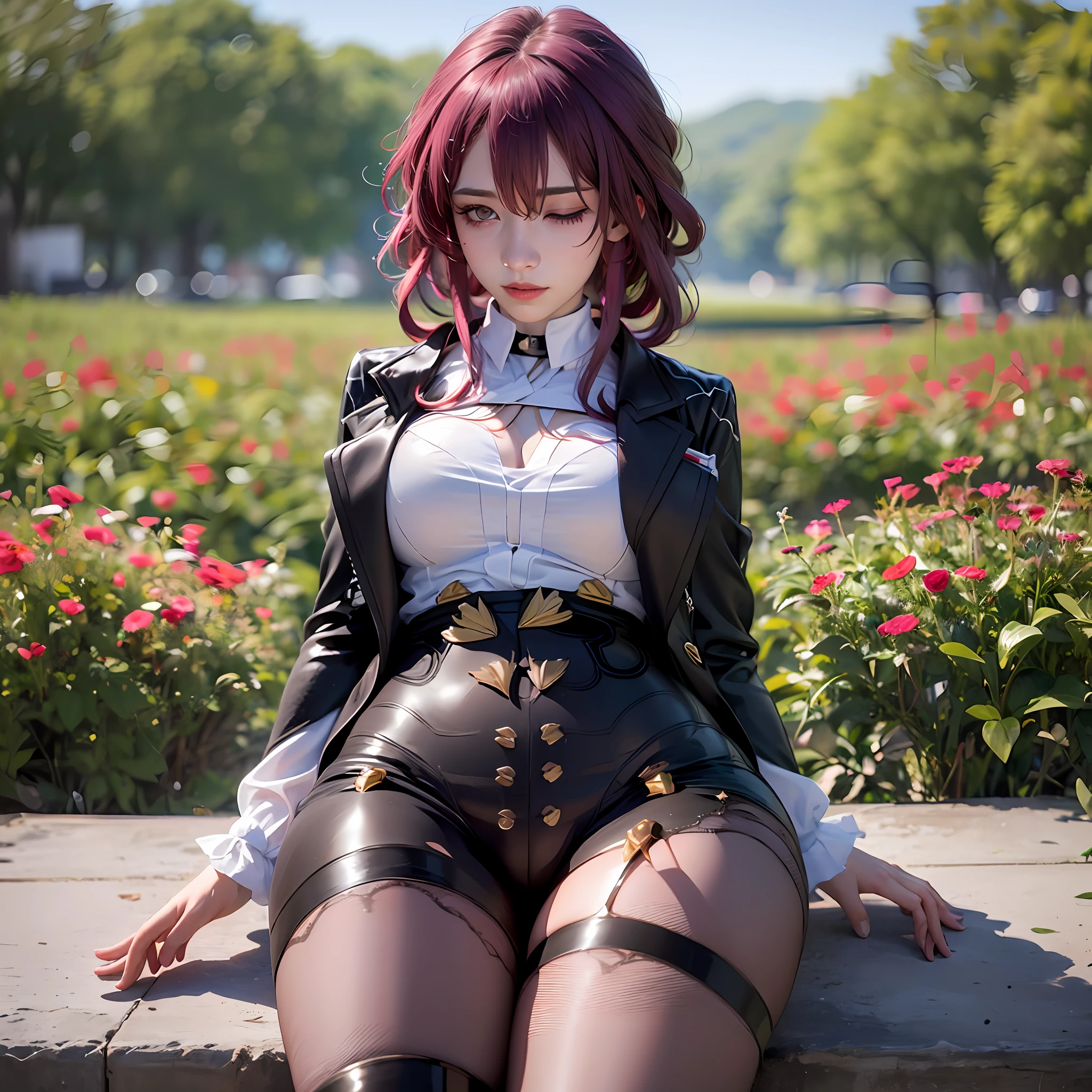 (realisticlying:1.4), RAW photogr, 1girl, Purple eye, Purple colored hair, (glasses on head), stellaron hunters outfit, black black jacket, jacket on shoulders, The shirt, shorter pants, lacepantyhose, boots, deep shading, 详细的脸, Detailed eyes, depth of fields, bokeh, vibrant detail, finedetail, hyper realisitc, 35mm film, Hazy and blurry, The upper part of the body, tmasterpiece, Ultra photo realsisim,32k,Very detailed CG unity 8k wallpaper, best qualtiy((Sleeping girl)), Realistic, Best quality,, ((Ultra high leg underwear)), (string)))), , (Large breasts), (20 years old), ((White laces: 1.5)), (Chest dew: 1.9)))), ((soak all over: 1.8))))), ((((Open legs: 1.8))