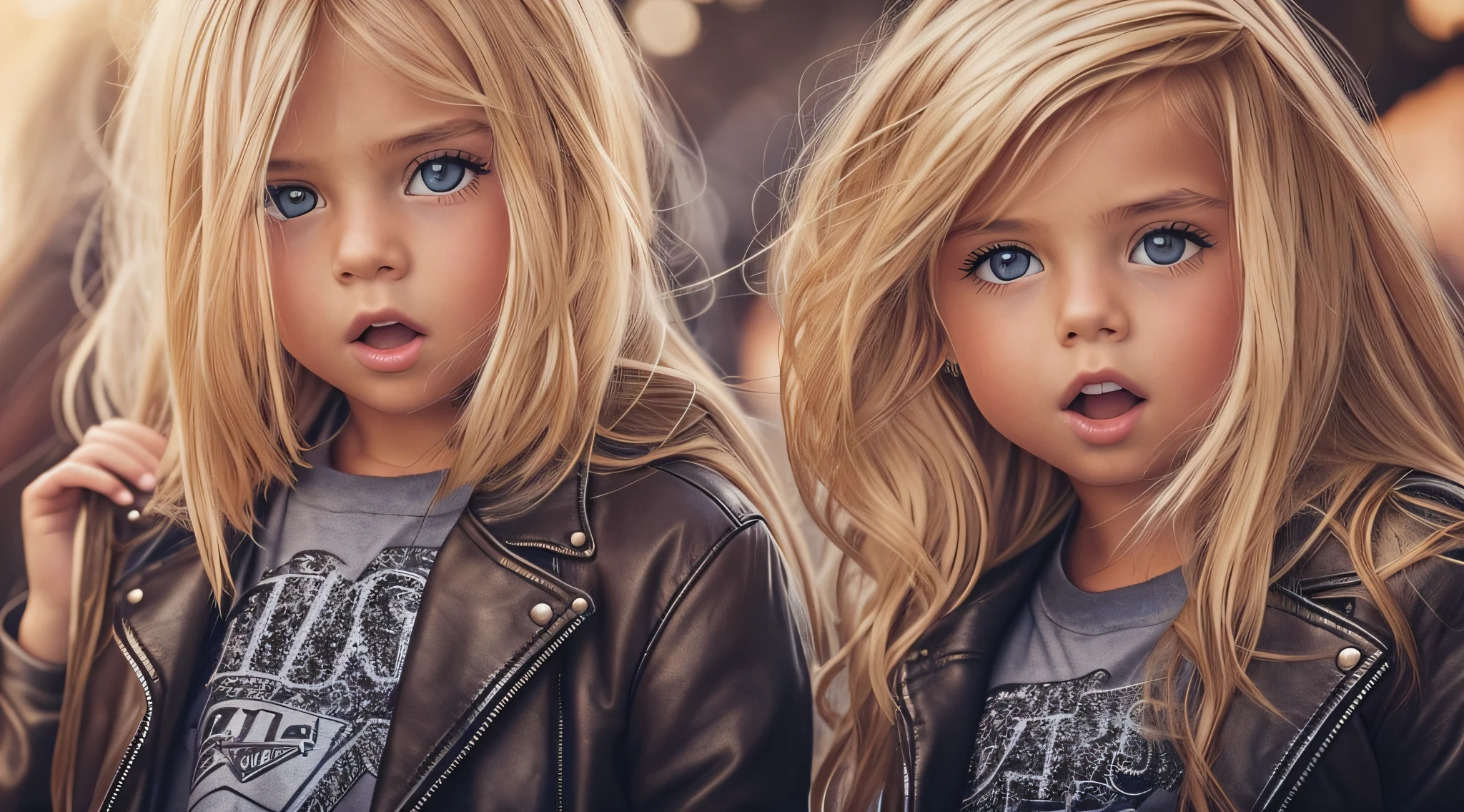 3 GIRLS BLONDE LONG HAIR CHILDREN IN LEATHER JACKET, A close up, DECIBEL