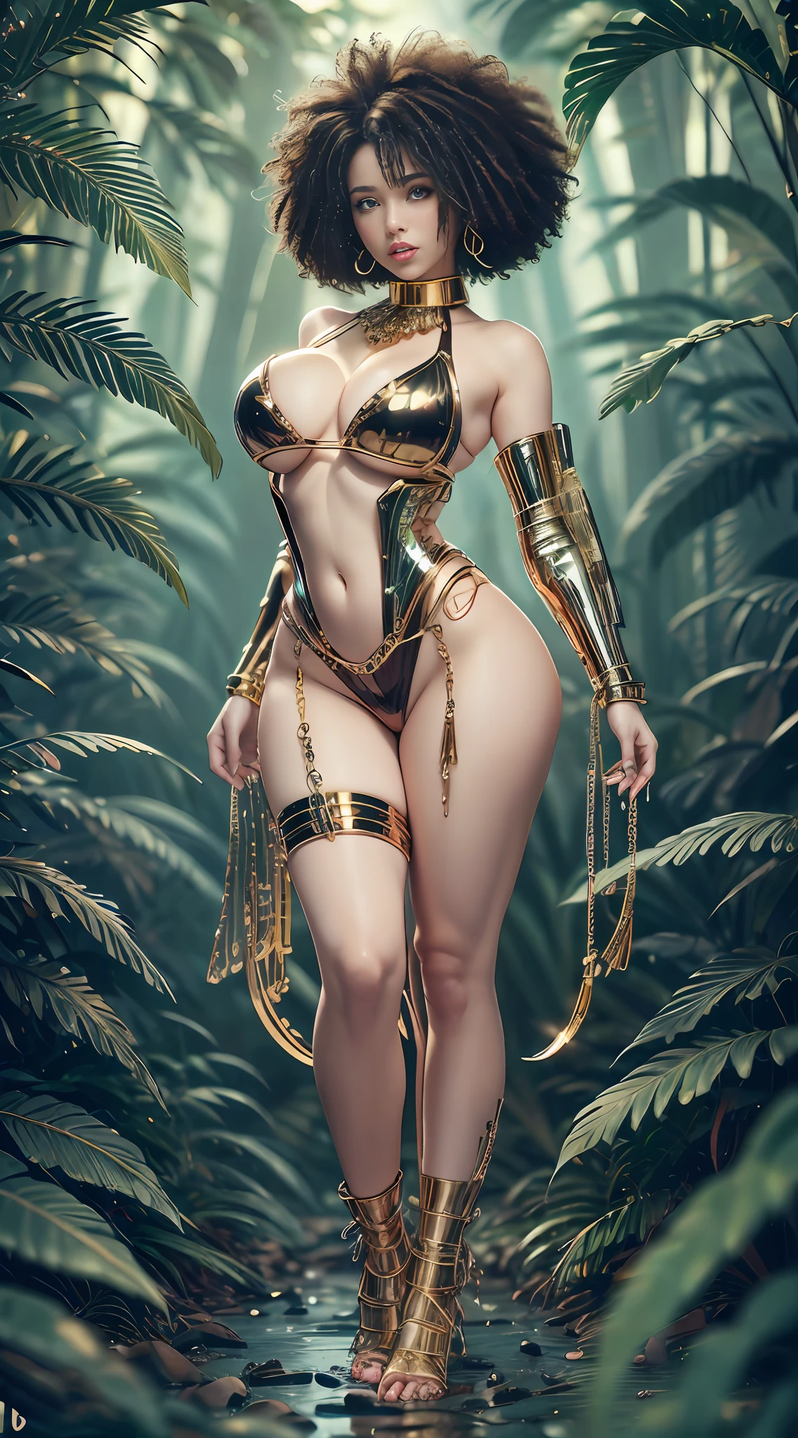 ((full body shot)), Woman only in gold body jewelry in the jungle, Highly Detailed Face and Skin Texture, ((white skin)) big green eyes, slim face, juicy lips, bimbo lips, big bimbo puffy breast, metal gold niples covers ((afro curly Black hair)), pale skin,slim figure, long legs, Perfect feet, greek feet, tiny feet, perfect toes, Detailed Eyes, Double Eyelids, cyberpunk gold metal jewelry BDSM, gold metal cyberpunk tapes on body, metal Collar, metal gold futuristic tiny jewelry Panties t-strings, (no panties), metal stickini, full metal clothes, gold body jewelry, wet skin. White skin, she is in Wilde dark jungle with big trees. masterpiece