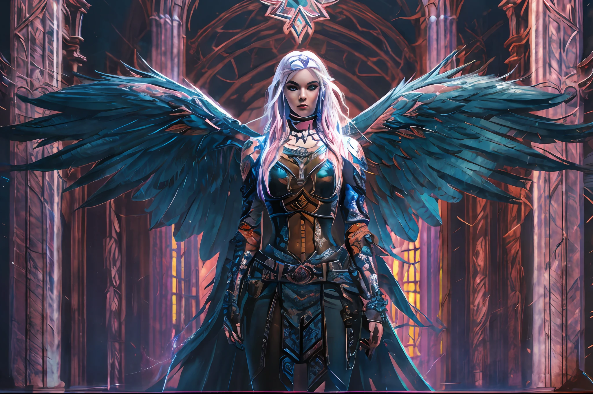 (((fullbody))) Behold the crimson- blue safiro wings woman angel woman with white hair, full body, piercing crimson eyes, and pale skin standing amidst the twilight. Every detail of this mythical creature has been captured in extreme quality, from the tattooed bodies to the ultra-detailed face, all rendered in ultra HD 8k digital art with unmatched precision and digitality. The dark lightning that surrounds this magnificent being adds to the sense of awe and wonder. This is not just any digital art portrait, but a concept art masterpiece by Greg Rutkowski, also known as artgerm, renowned for his hyperdetailed and intricately detailed gothic art style. The use of triadic colours adds to the fantastical and otherworldly nature of the piece, with intricate details that make it a true splash screen. The complementary colours and intricate details make this fantasy concept art a gothic