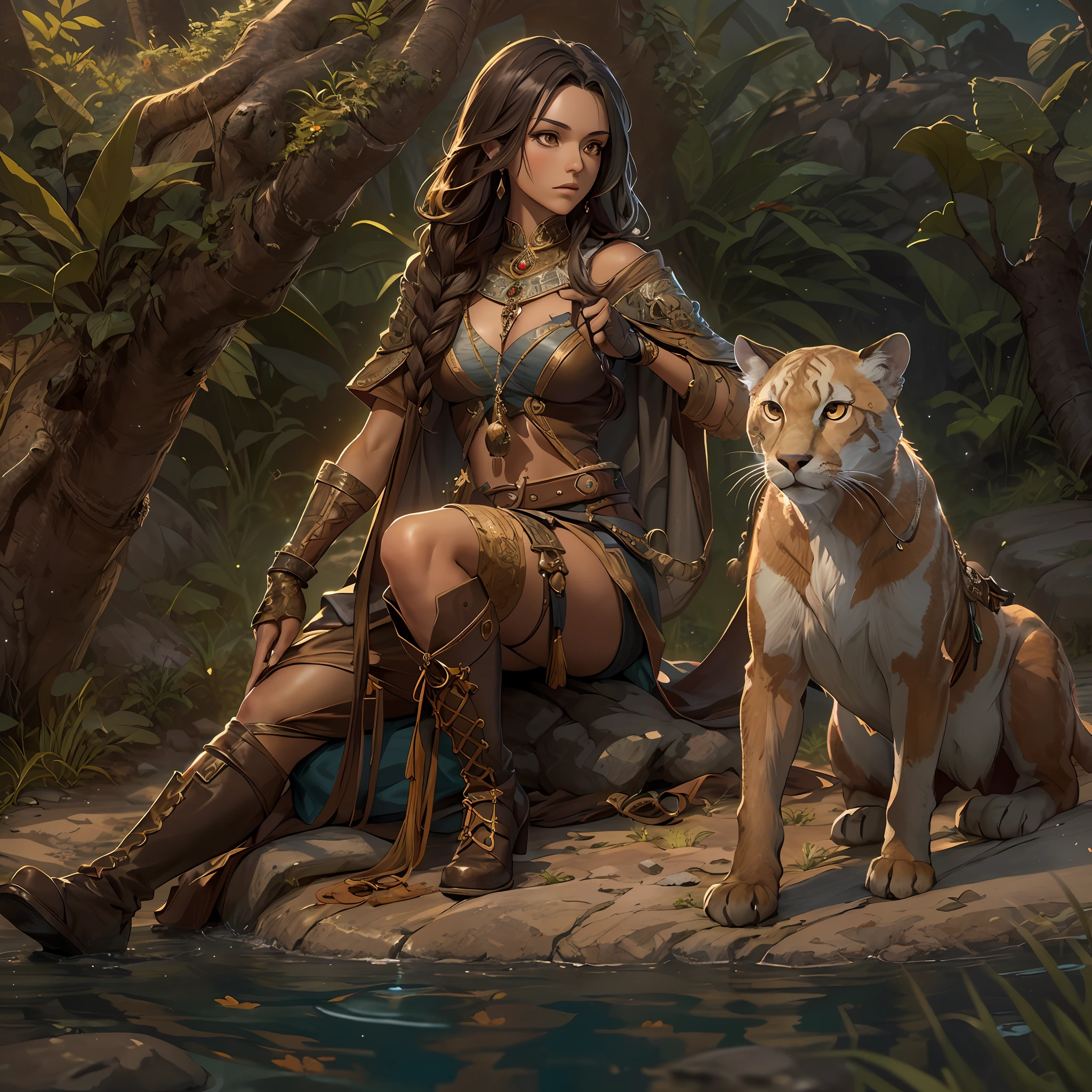 high details, best quality, 8k, [ultra detailed], masterpiece, best quality, (extremely detailed), dynamic angle, ultra wide shot, RAW, photorealistic, fantasy art, dnd art, rpg art, realistic art, a wide angle picture of a female human druid and her pet cougar, priest of nature, cleric of nature, full body, [[anatomically correct]]. knelling woman (1.5 intricate details, Masterpiece, best quality) talking to a desert cougar (1.6 intricate details, Masterpiece, best quality) in desert (1.5 intricate details, Masterpiece, best quality), a female  wearing leather clothes (1.4 intricate details, Masterpiece, best quality), leather boots, thick hair, long hair, brown hair, tan skin intense brown eyes, desert background (intense details), a stream flowing in an oasis (1.4 intricate details, Masterpiece, best quality), night, moon light, stars (1.4 intricate details, Masterpiece, best quality), dynamic angle, (1.4 intricate details, Masterpiece, best quality) 3D rendering, high details, best quality, highres, ultra wide angle
