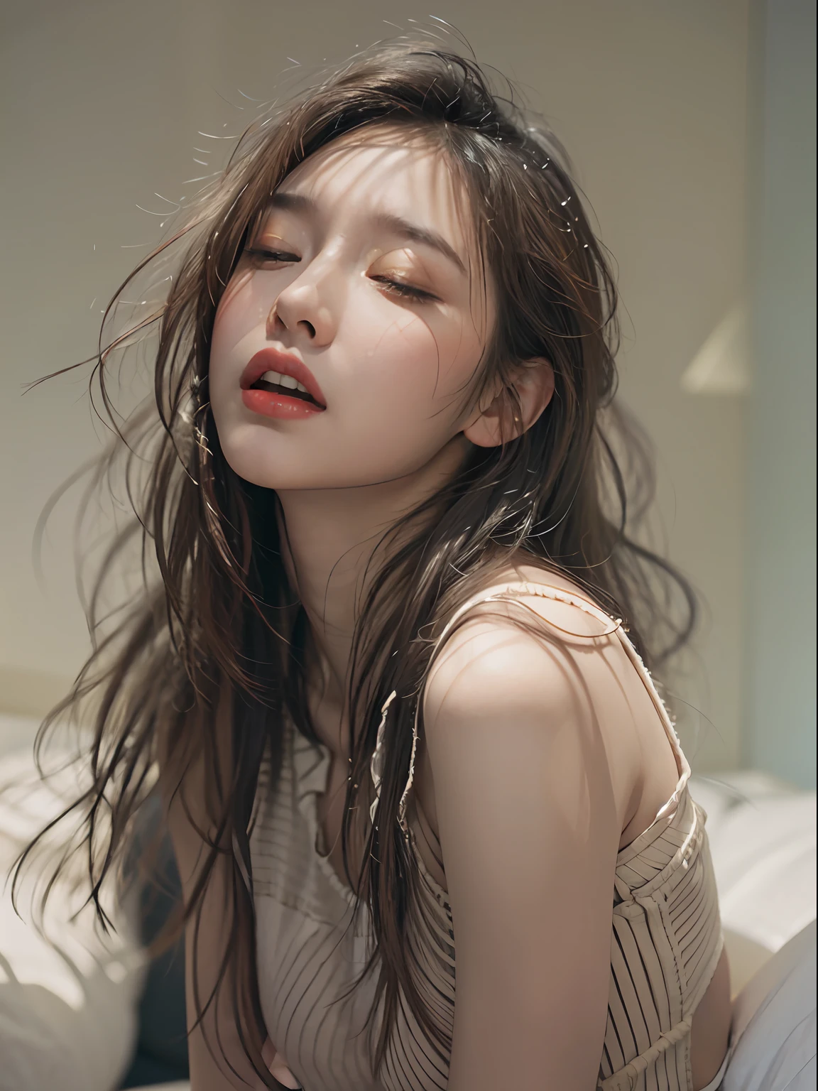 8k、Raw photo、(masuter piece)1.5、(top-quality)1.5、Hi-Res、Looking Up,(girl with)、(realisitic、Photorealsitic:1.5), (Close eyes):1.0, (Open mouth):1.5 Real numbers、Upper body、brown hair,Sleeveless、skinny、14years((small tits))1.8、Eyes closed、Deep sadness、Sorrow、look up sky、screeming、Bedrooms、Background blur