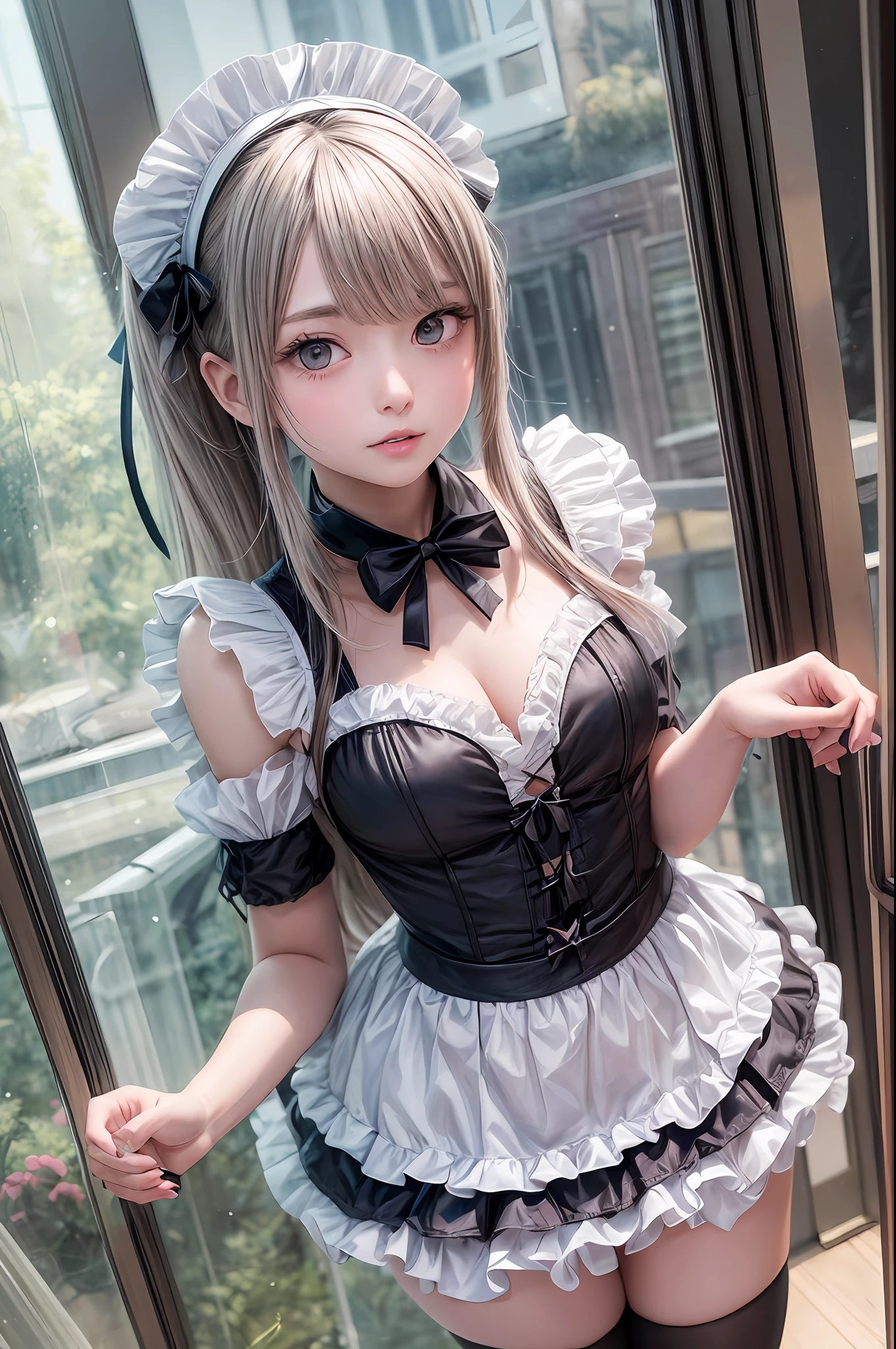 anime - style image of a woman in a maid outfit posing in front of a window, seductive anime girl, small curvy , attractive anime girl, cute anime girl, beautiful anime girl, anime girls, anime girl, beautiful alluring anime teenooth anime cg art, pretty anime girl, beautiful alluring anime woman, (anime girl), anime! 4 k