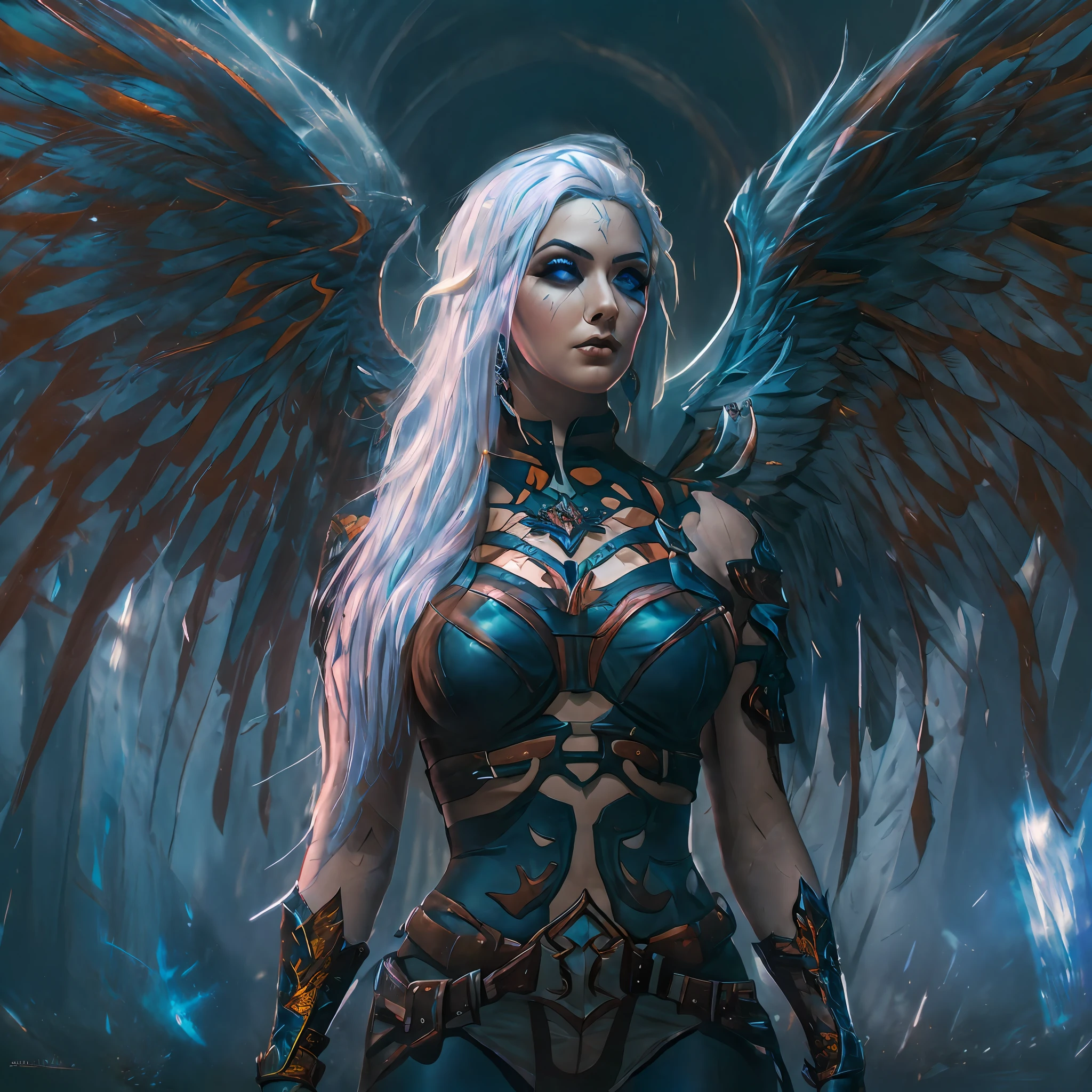 (((fullbody))) Behold the crimson- blue safiro wings woman angel woman with white hair, full body, piercing crimson eyes, and pale skin standing amidst the twilight. Every detail of this mythical creature has been captured in extreme quality, from the tattooed bodies to the ultra-detailed face, all rendered in ultra HD 8k digital art with unmatched precision and digitality. The dark lightning that surrounds this magnificent being adds to the sense of awe and wonder. This is not just any digital art portrait, but a concept art masterpiece by Greg Rutkowski, also known as artgerm, renowned for his hyperdetailed and intricately detailed gothic art style. The use of triadic colours adds to the fantastical and otherworldly nature of the piece, with intricate details that make it a true splash screen. The complementary colours and intricate details make this fantasy concept art a gothic