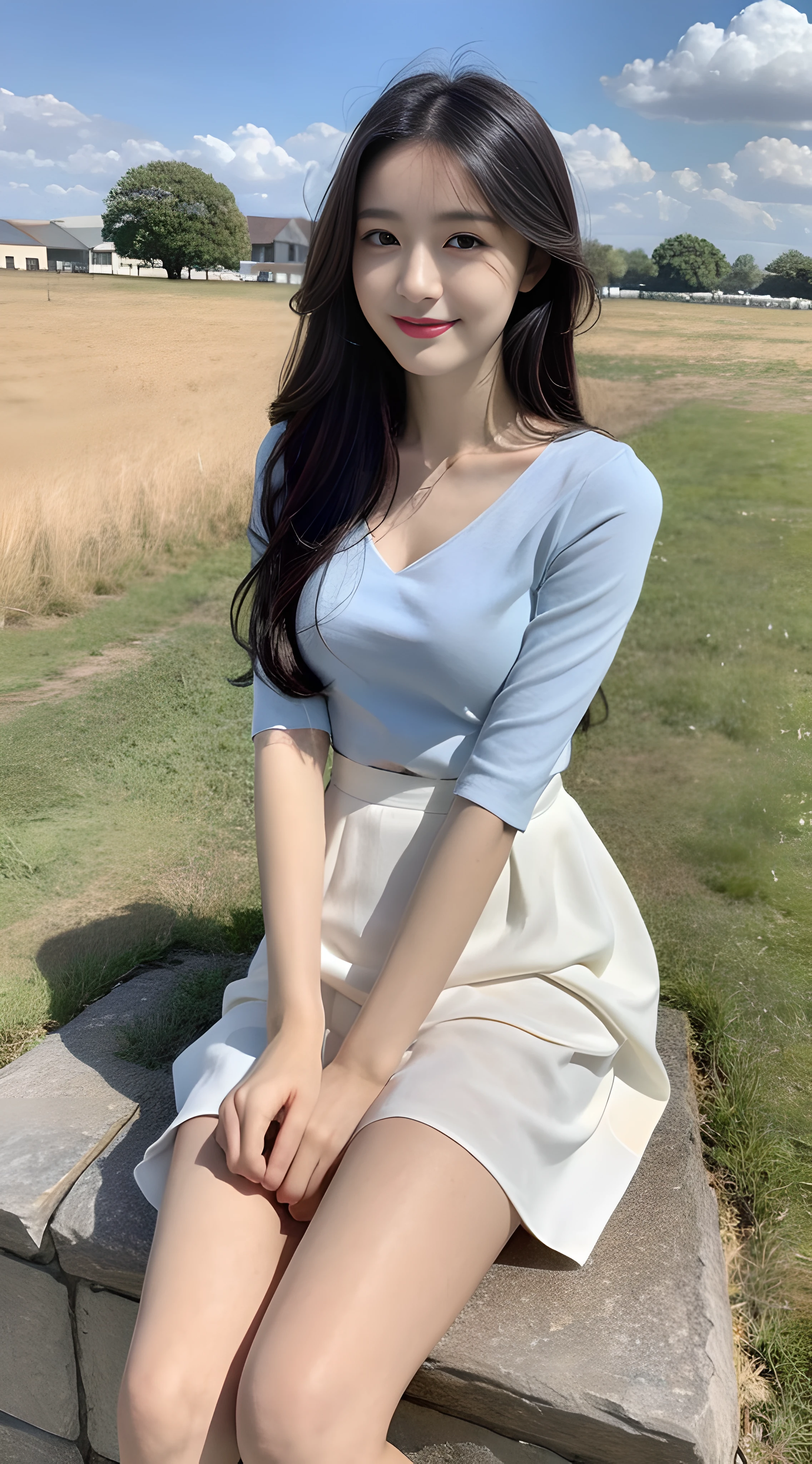 A nice and cute girl，Full body photo，Extremely beautiful and delicate，Black color hair，A sweet smile，Delicate and beautiful fair skin，Realistic and realistic，exquisite and complete facial features，Detailed depiction of the face，tall nose bridge，Smooth hair，extremely detail hair，Feminine temperament，Fill your face light，Tall and tall，Thin，Realiy，Hyper-realism，full body shot shot，Forward tilt angle,Extreme picture quality,Highest precision,Precise and perfect human anatomy。with blue sky and white clouds，Sitting on the Steppe，with blue sky and white clouds，rays of sunshine，cattle and sheep，(White chiffon skirt)Panties are clearly visible. telephoto shot，Express the landscape，Highlight portrait。