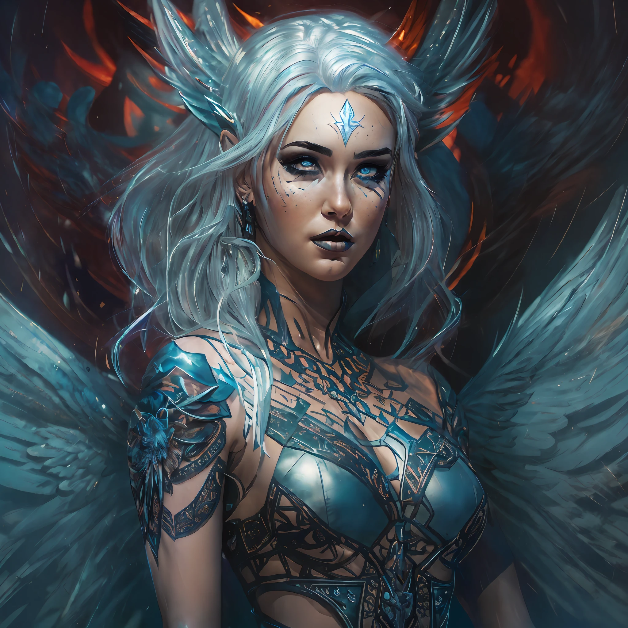 (((fullbody))) Behold the crimson- blue safiro wings woman angel woman with white hair, full body, piercing crimson eyes, and pale skin standing amidst the twilight. Every detail of this mythical creature has been captured in extreme quality, from the tattooed bodies to the ultra-detailed face, all rendered in ultra HD 8k digital art with unmatched precision and digitality. The dark lightning that surrounds this magnificent being adds to the sense of awe and wonder. This is not just any digital art portrait, but a concept art masterpiece by Greg Rutkowski, also known as artgerm, renowned for his hyperdetailed and intricately detailed gothic art style. The use of triadic colours adds to the fantastical and otherworldly nature of the piece, with intricate details that make it a true splash screen. The complementary colours and intricate details make this fantasy concept art a gothic