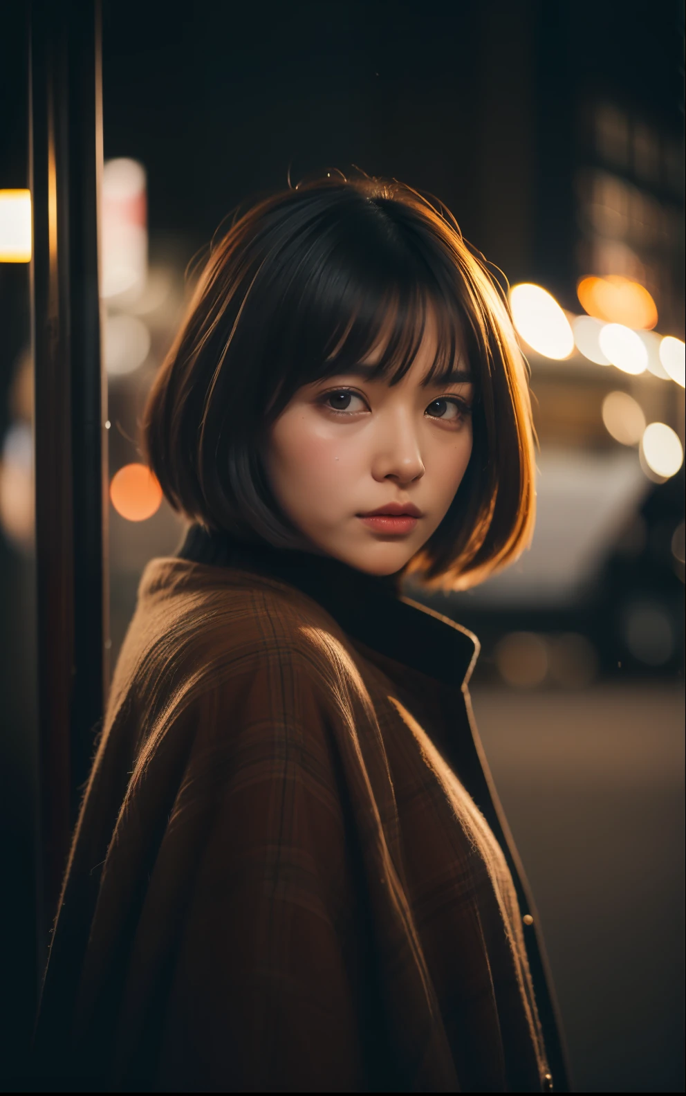 Stunning close-up portrait of a young and beautiful woman with RAW, analog style and impressive features. She should have long, flowing hair, a seductive gaze, and an attractive look. The background is neutral and simple, allowing the woman to be the focal point of the image. Pay attention to details, such as highlights and shadows on her face and hair, to create realistic and realistic images. Experiment with different lighting techniques to enhance the mood and atmosphere of your portrait. The final product should be a masterpiece that captures the essence and beauty of a woman ((very detailed skin, skin details)), Sharp Focus, Volumetric Fog, 8K, UHD, DSLR, High Quality, Film Grain, Fujifilm XT3, Long Sleeve Dress, Wool Dress, Dark Blue Floret Dress, Wearing a Woolen Coat, Short-Cut Hair, Tousled Hair, wind, antique street corner, north wind, dead leaves, fallen leaves, fallen leaves fluttering in the wind, cold, cold, street corner crowded with Christmas decorations, girl looking lonely alone, lights, orange city lights, warm lights, Christmas lights, blurred lights, sad expression, tears in the eyes, a ray of tears, snow scattering, Tokyo Tower