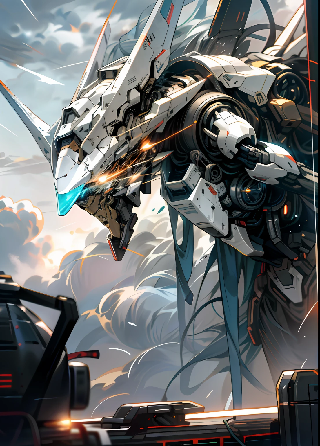Skysky,clouds,Holding_arma,with light glowing,droid,buliding,Glowing_Eyes,Mecha,scientific fiction,城市,Realistis,Mecha, cyberhanfu