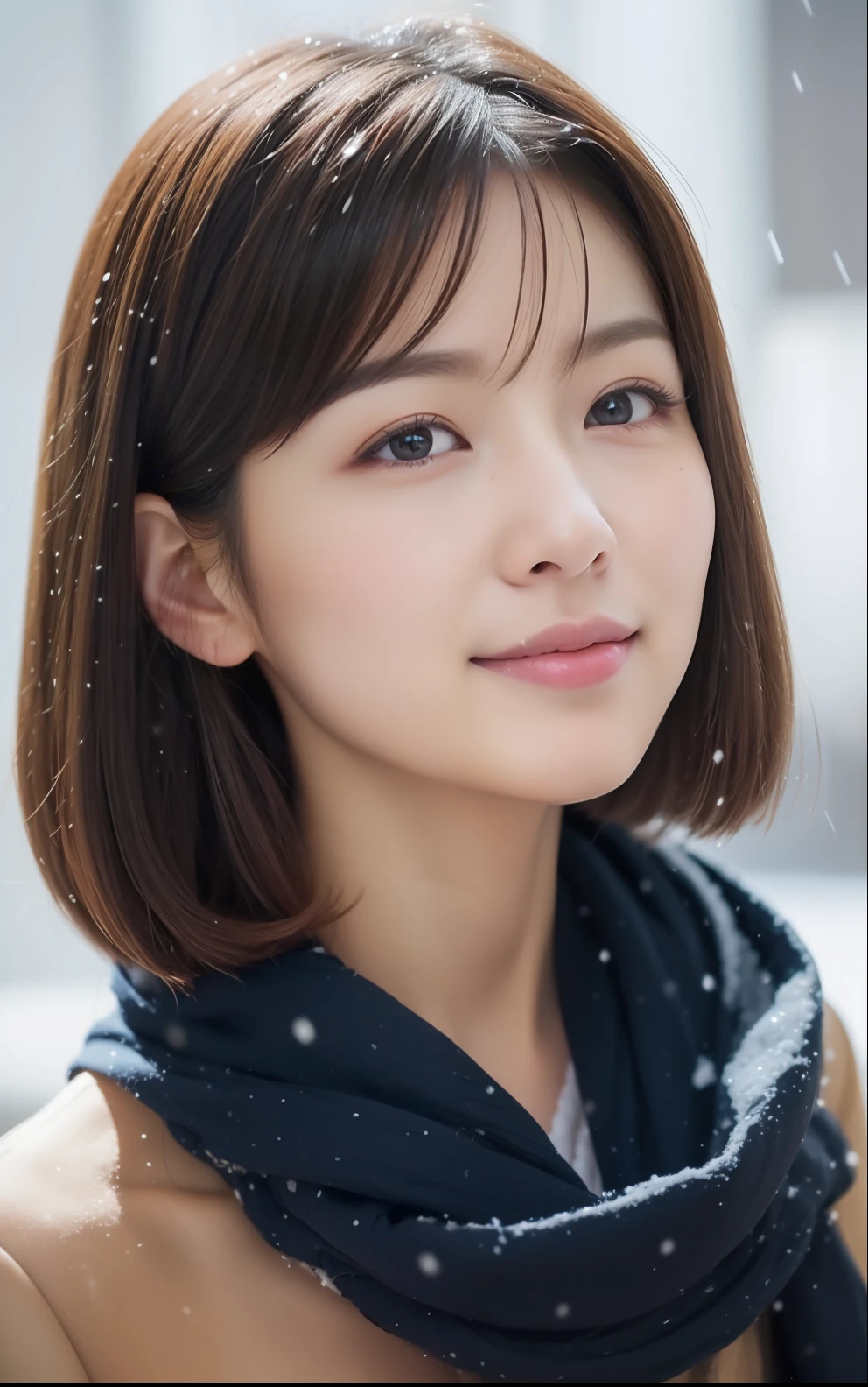 Short-cut hairstyles 、Women in Japan、It's snowing(a closeup:1.4)、(RAW Photography:1.2)、(Photorealsitic:1.4)、(masterpiece:1.3)、(top-quality:1.4)、dream-like、(A detailed eye)、(detailed facial features)、(detailed clothes features)、Skin tightening、(shinny skin)、(Slender Girl)、(slim girl)、1girl in、VeronicaCipher((full bodyesbian))、独奏、cute little、smlie、(medium chest)、bangss、straight haired、length hair、A dark-haired、black eyes、Crystal Pendant、Long blue scarf、White long wool coat、Thick black pantyhose、Brown snow boots、