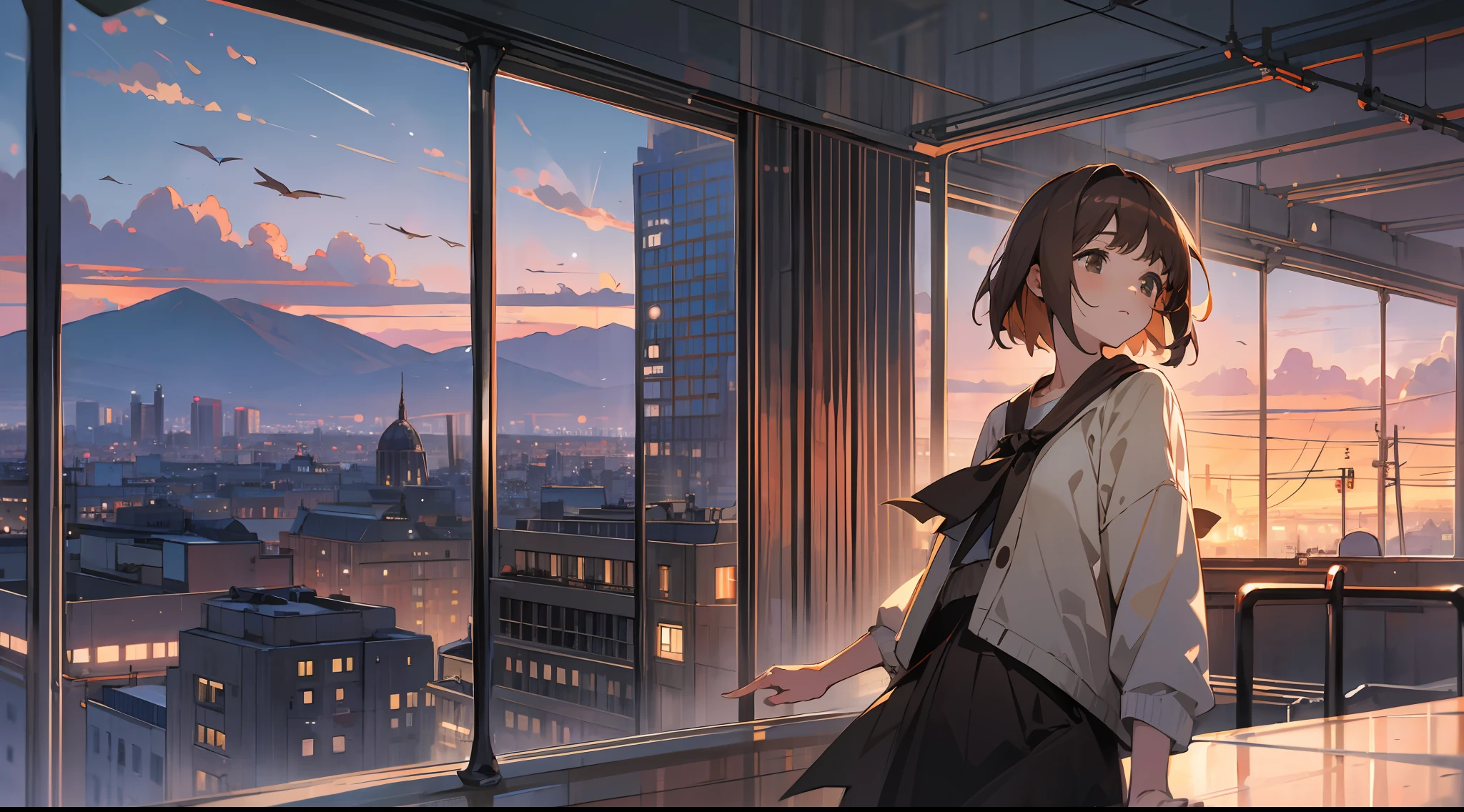 1man, masterpiece, best quality, ultra high resolution, dusk, cityscape, depth of field, short brown hair, single woman, wings