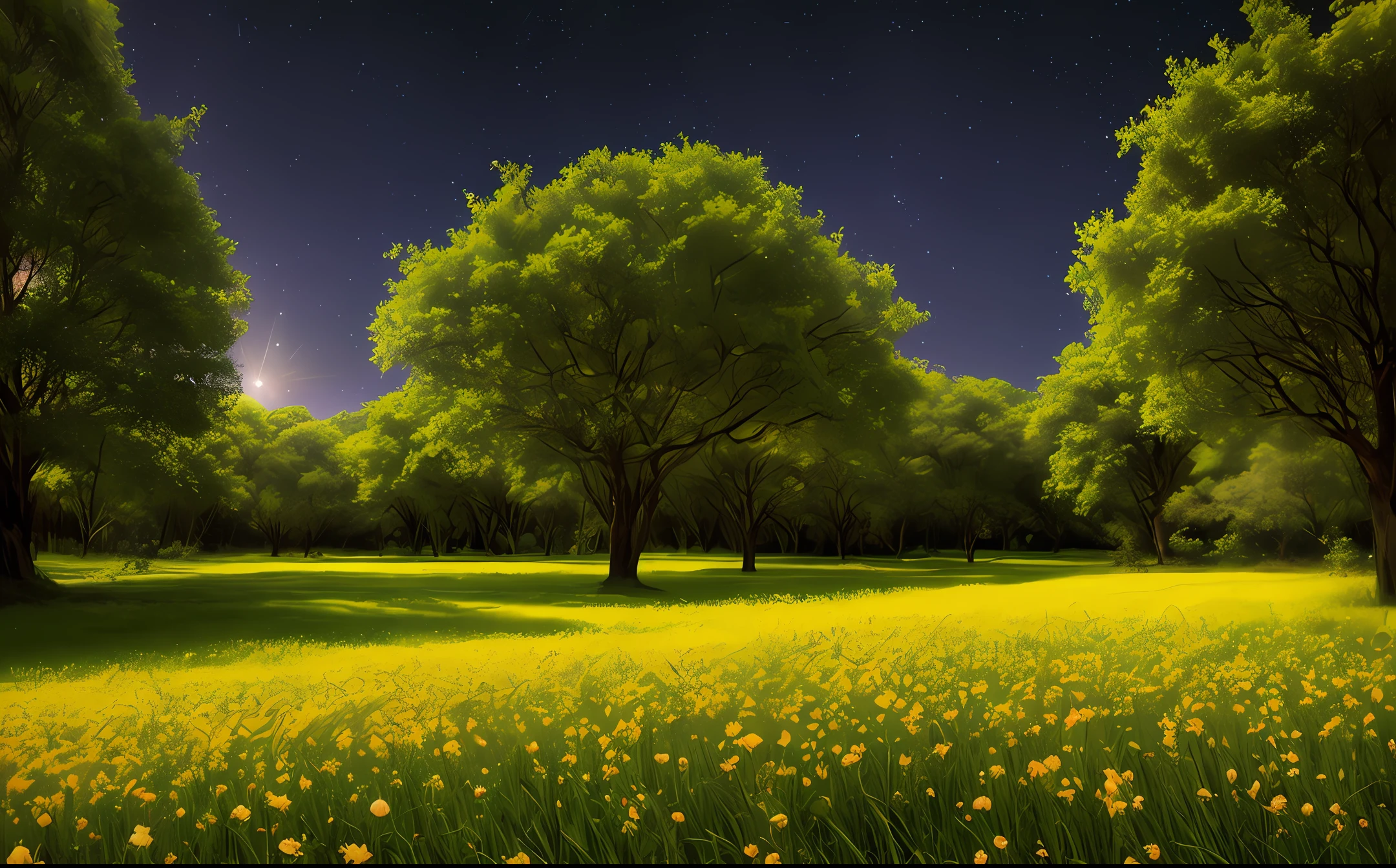 fotografia de paisagem expansiva, (a view from below that shows the sky above and the open field below), um cachorro parado em um campo de flores olhando para cima, (lua cheia: 1.2), (estrelas cadentes: 0.9), (nebulosa: 1.3), montanha distante , BREAK tree production art, (fonte de luz quente: 1.2), (Firefly: 1.2), lamp, muito roxo e laranja, detalhes complexos, volumetric lighting BREAK (obra-prima: 1.2), (melhor qualidade), 4k, ultradetalhado , (dynamic compositing: 1.4), detalhes coloridos altamente detalhados (cores iridescentes: 1.2), (bright illumination, Atmospheric Illumination), sonhador, magica, (solo: 1.2)