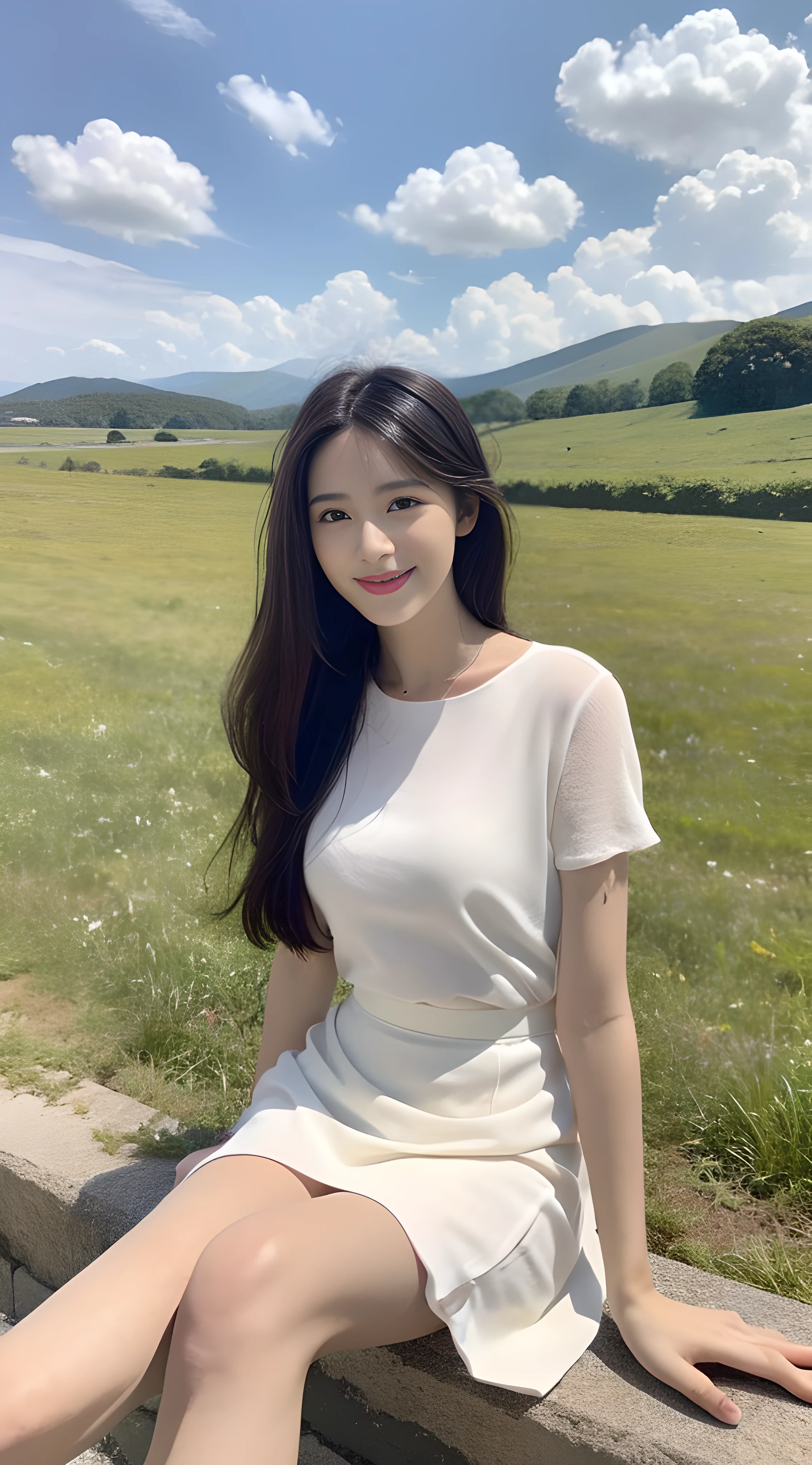A nice and cute girl,Full body photo,Extremely beautiful and delicate,Black color hair,A sweet smile,Delicate and beautiful fair skin,Realistic and realistic,exquisite and complete facial features,Detailed depiction of the face,tall nose bridge,Smooth hair,extremely detail hair,Feminine temperament,Fill your face light,Tall and tall,Thin,Realiy,Hyper-realism,full body shot shot,Forward tilt angle,Extreme picture quality,Highest precision,Precise and perfect human anatomy。with blue sky and white clouds,Sitting on the Steppe,with blue sky and white clouds,rays of sunshine,cattle and sheep,(White chiffon skirt)Panties are clearly visible. telephoto shot,Express the landscape,Highlight portrait。