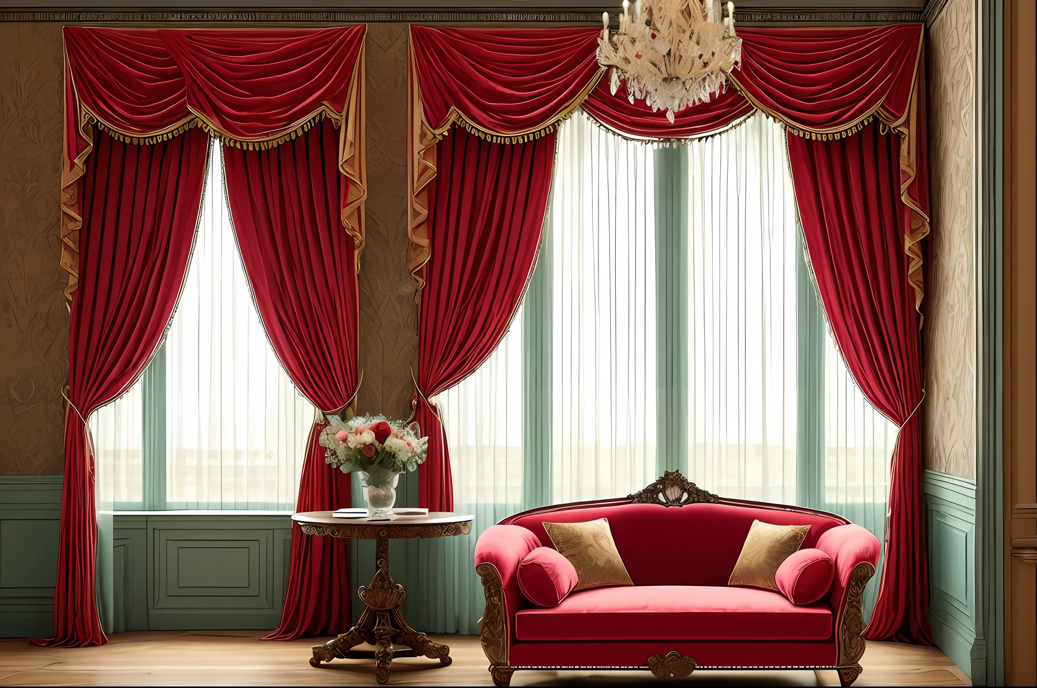 (artwork, high-quality photography), there is a room with a red curtain and (a vase of flowers), baroque style painting background, (beautiful curtains), background made of large curtains, red, turquoise and red venetian blinds, elegant and ornate, ornate and elegant, baroque interior, photo of a beautiful window, ornate background, elegant baroque, alizarin curtains, royal interior, wrapped in velvet and flowers