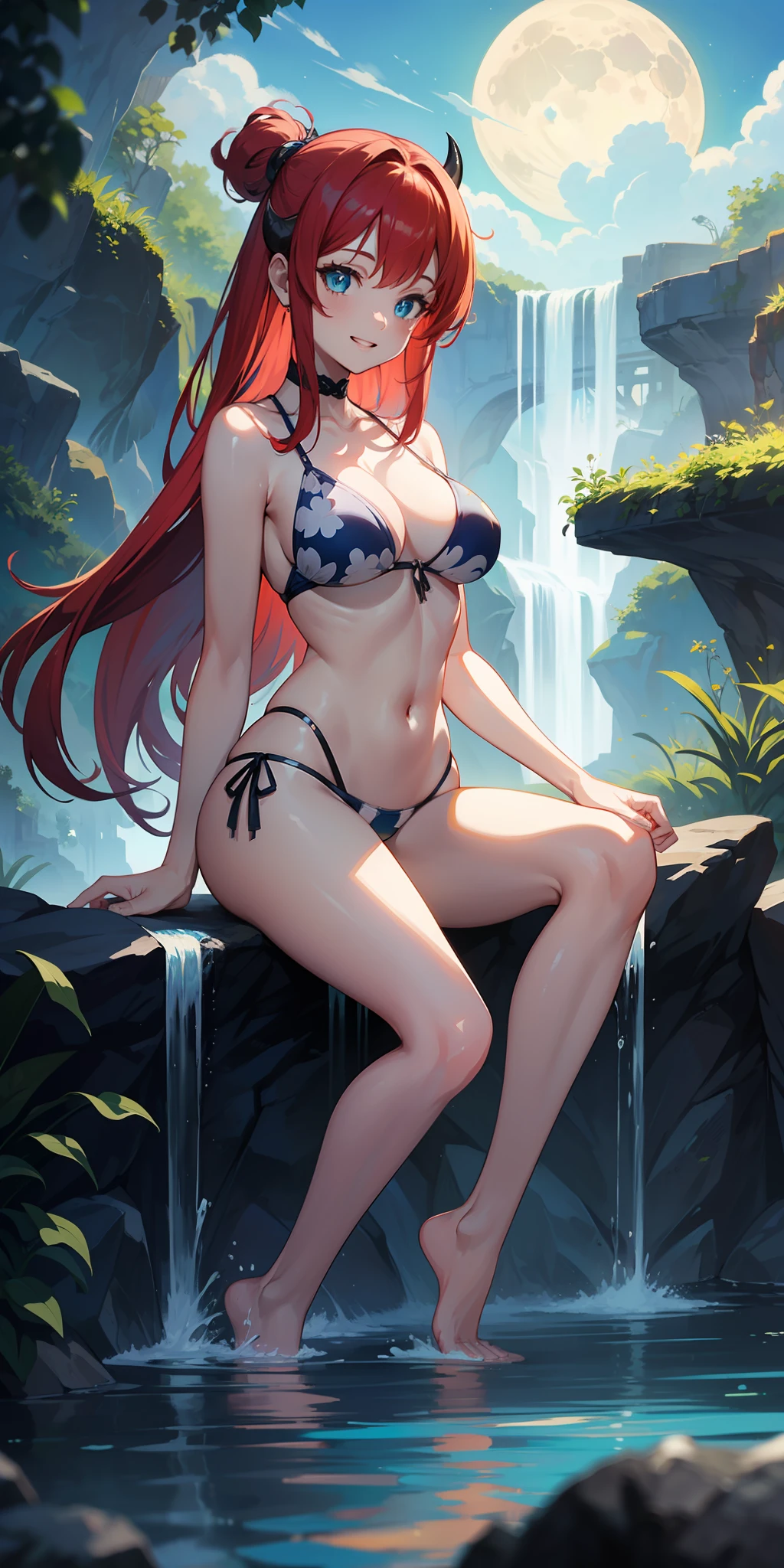 ((best quality)), ((master piece)), (Circumstantial), anime style, ((Demon slayer anime)), character Mitsuri Kanroji, 1girl best quality, portrait, ultra detailed, gorgeous face, perfect anatomy, alone, brown skin, giant red blue hair, perfect hair, bangs, perfect eyes, eye detail, smiling, teeth showing, print haul bikini, lace, bikini detail, arms, Hands, five fingers on hand, thick legs, big thigh, possession, background scenery, on the river, night, night light, moon, cloud, clear blue water, baby blue water floor, ultra detailed water, environment details, plants on the sides, waterfall in the background, waterfall details, almost transparent water, fish in the water