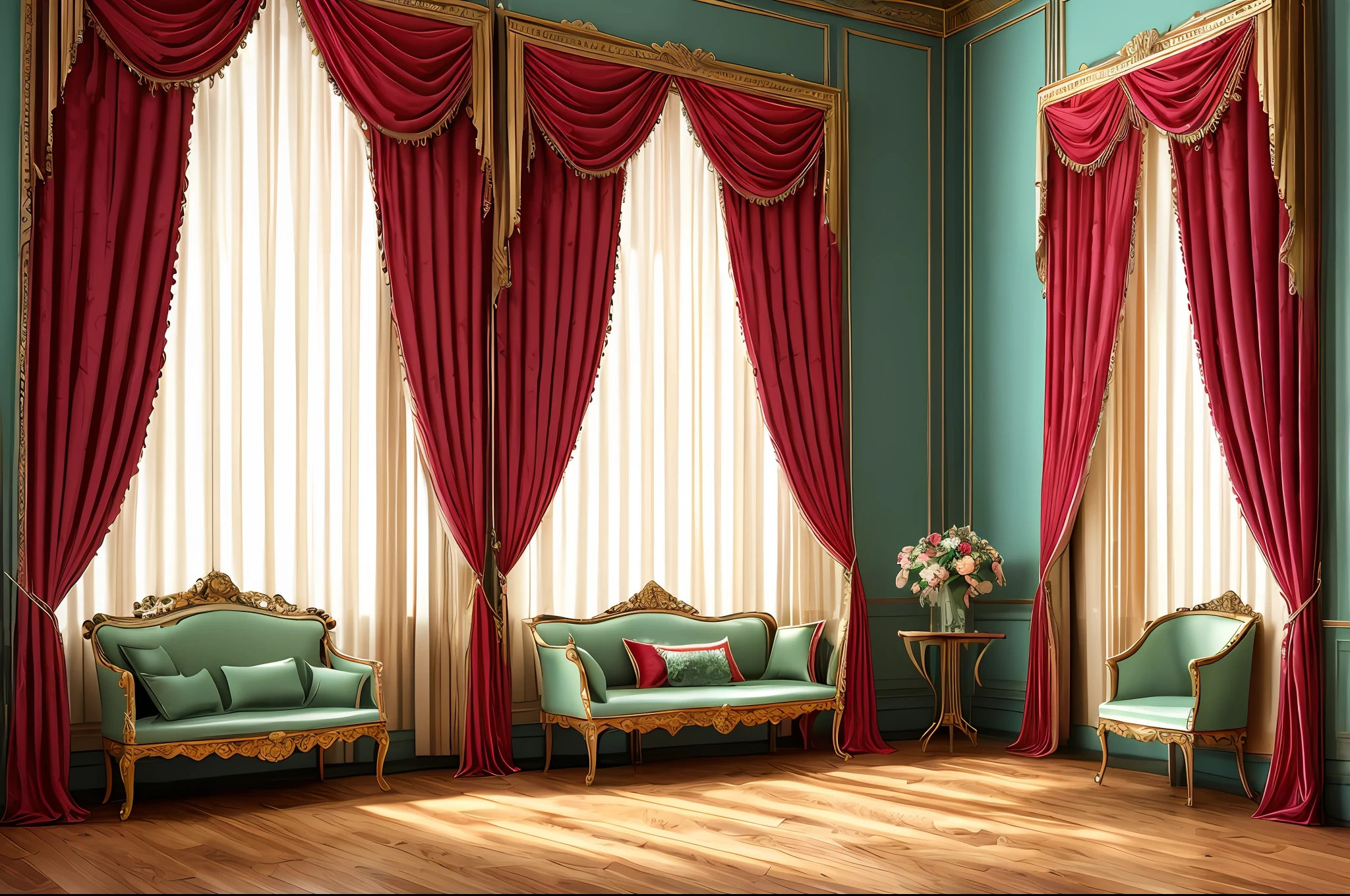 (artwork, high-quality photography), there is a room with a red curtain and (a vase of flowers), baroque style painting background, (beautiful curtains), background made of large curtains, red, turquoise and red venetian blinds, elegant and ornate, ornate and elegant, baroque interior, photo of a beautiful window, ornate background, elegant baroque, alizarin curtains, royal interior, wrapped in velvet and flowers