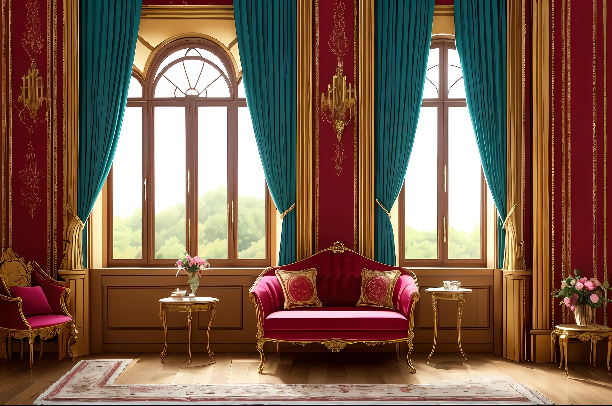 (artwork, high-quality photography), there is a room with a red curtain and (a vase of flowers), baroque style painting background, (beautiful curtains), background made of large curtains, red, turquoise and red venetian blinds, elegant and ornate, ornate and elegant, baroque interior, photo of a beautiful window, ornate background, elegant baroque, alizarin curtains, royal interior, wrapped in velvet and flowers