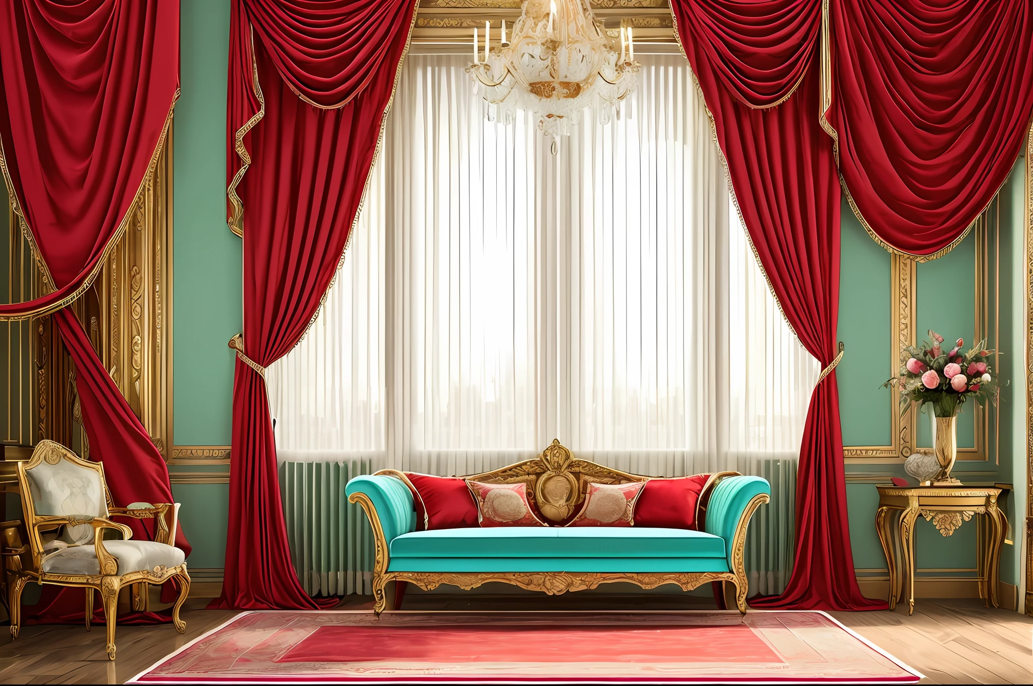 (artwork, high-quality photography), there is a room with a red curtain and (a vase of flowers), baroque style painting background, (beautiful curtains), background made of large curtains, red, turquoise and red venetian blinds, elegant and ornate, ornate and elegant, baroque interior, photo of a beautiful window, ornate background, elegant baroque, alizarin curtains, royal interior, wrapped in velvet and flowers