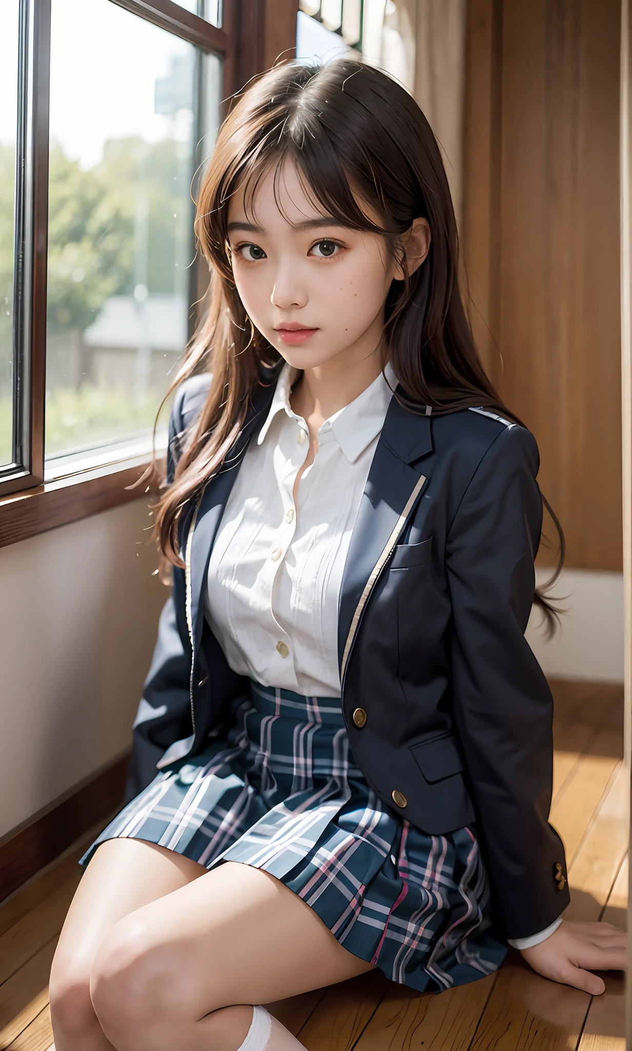 there is a woman sitting on the floor wearing a skirt and jacket, girl wearing uniform, wearing school uniform, wearing a school uniform, school girl, wearing japanese school uniform, japanese school uniform, cute schoolgirl, a hyperrealistic schoolgirl, hyperrealistic schoolgirl, japanese girl school uniform, realistic schoolgirl, wearing headmistress uniform, dressed as schoolgirl, school uniform