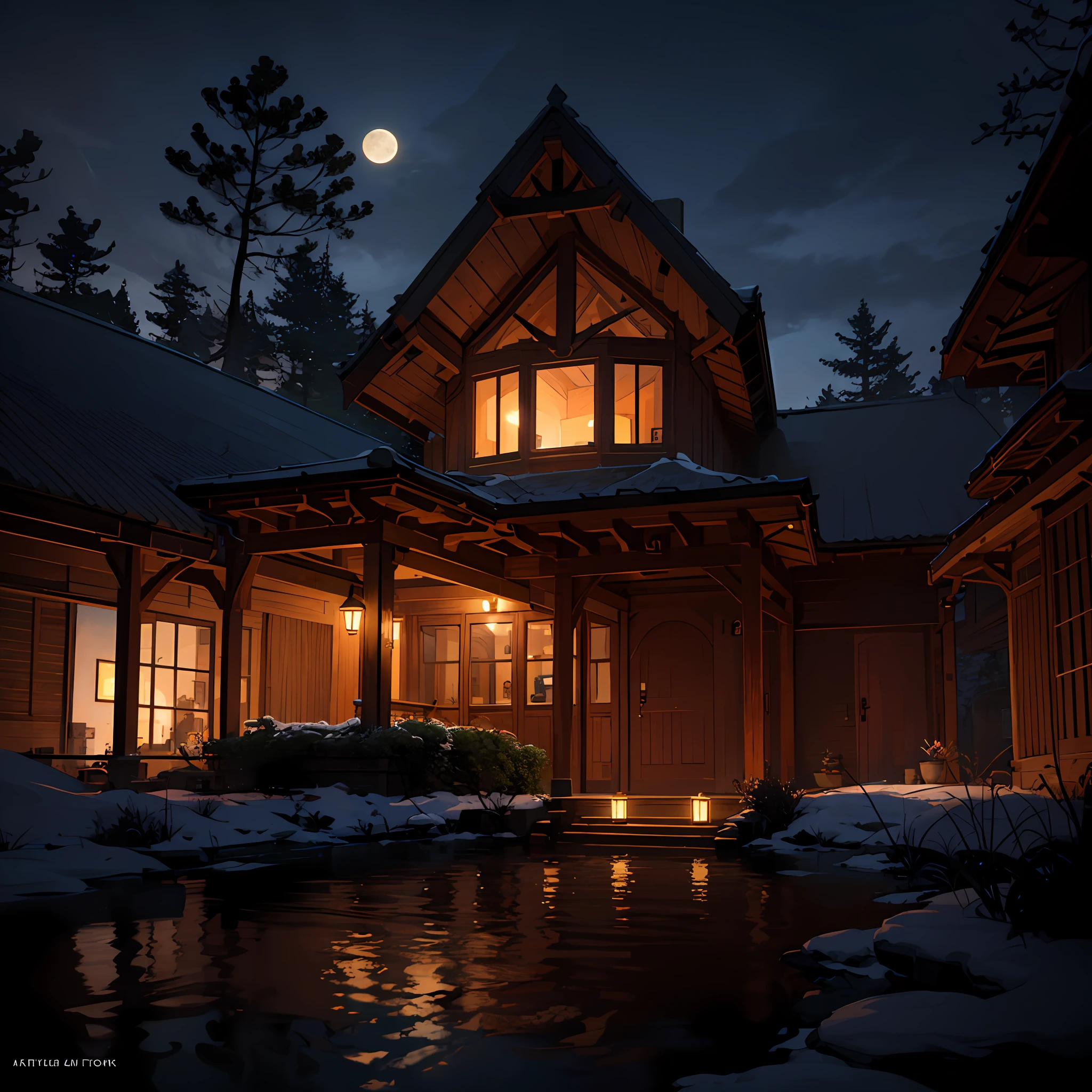 hyper-detailed luxury photorealistic sakura treehouse with courtyards, backwater cascading pond, full moon, 16k resolution, dynamic lighting, wildlife photography, detailed matte painting, deep colors, fantastical, intricate details, splash screen, complementary colors, fantasy concept art, trending 8k resolution in Artstation Unreal Engine 5,  style of Yousuf Karsh, --auto