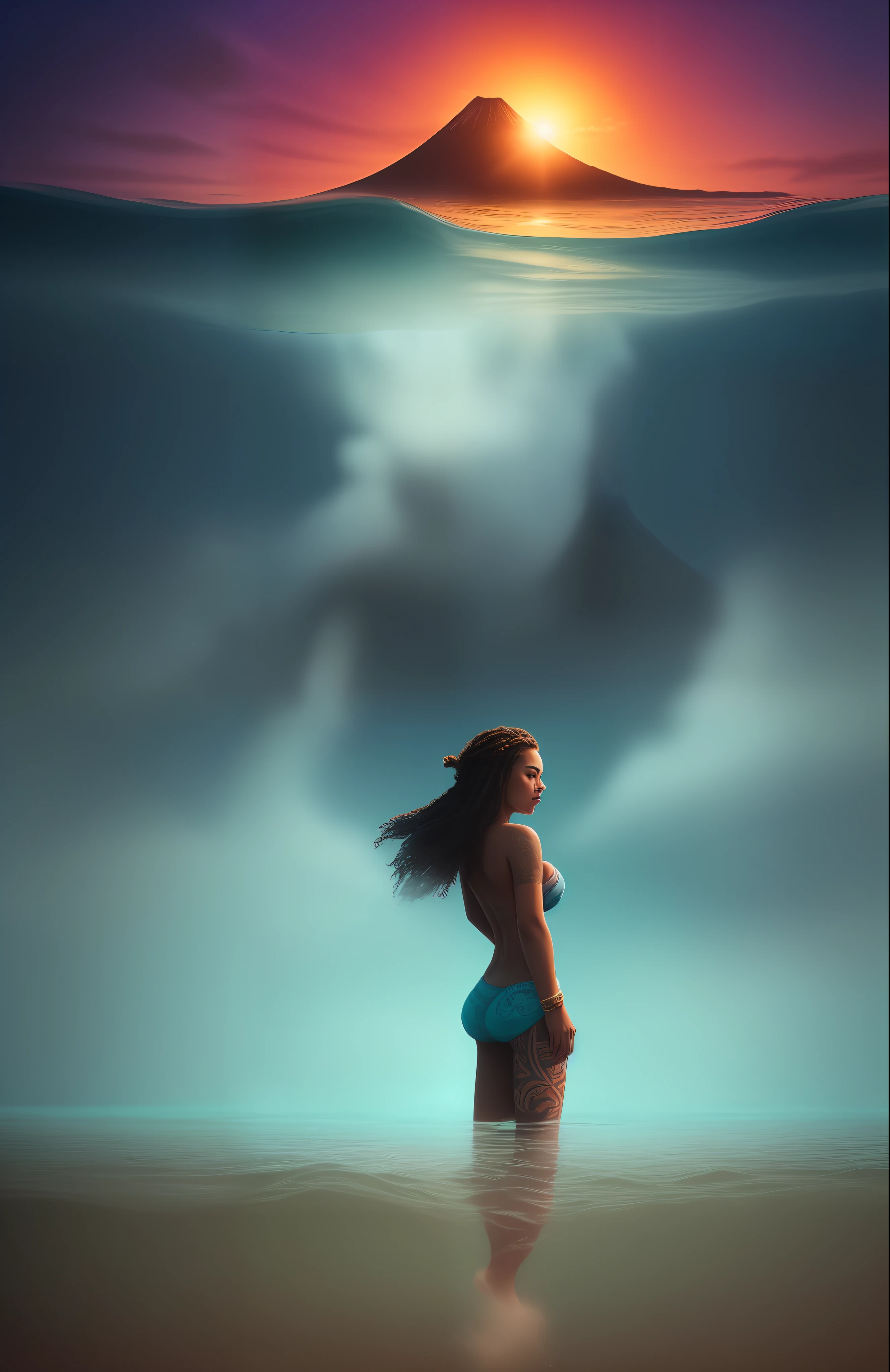 epic movie poster, volcano erupting, award winning (full body:1.3) portrait photo of a (moana:1.2), (seashell bikini:1.2), (water goddess:1.2), tribal tattoos, (wading:1.2) in the pacific (ocean:1.1), arms behind head, (partially submerged shot:1.2), (waves:0.9), desert island background, palm trees, beach,fluffy clouds in the sky, outrun, vaporware, trending on artstation, highly detailed, fine detail, intricate, (lens flare:0.9), (backlighting:0.9), (bloom:0.9), [Style-Micro::10]