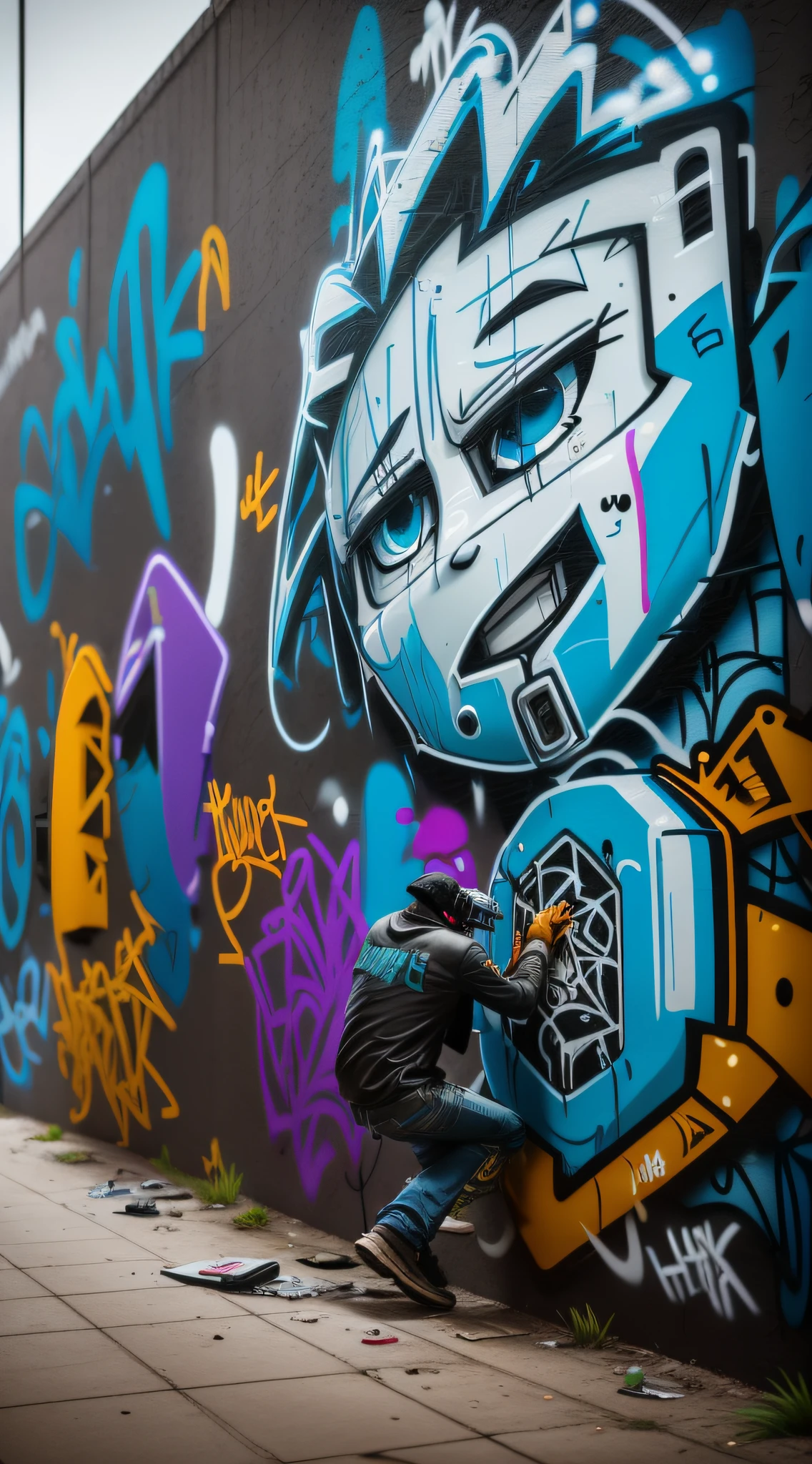 Sad and atmospheric graffiti art on a wall depicting a boy shedding long, thick, black tears. A skilled cyberpunk artist with a bold mohawk meticulously spraying the artwork. An empty can rests on the ground nearby. Captured with astounding quality in stunning 8k resolution using a focused and precise Sony camera (dirty graffiti wall:1.3) (menacing) (game art) (fortnite) (cyborgs:1.2)
